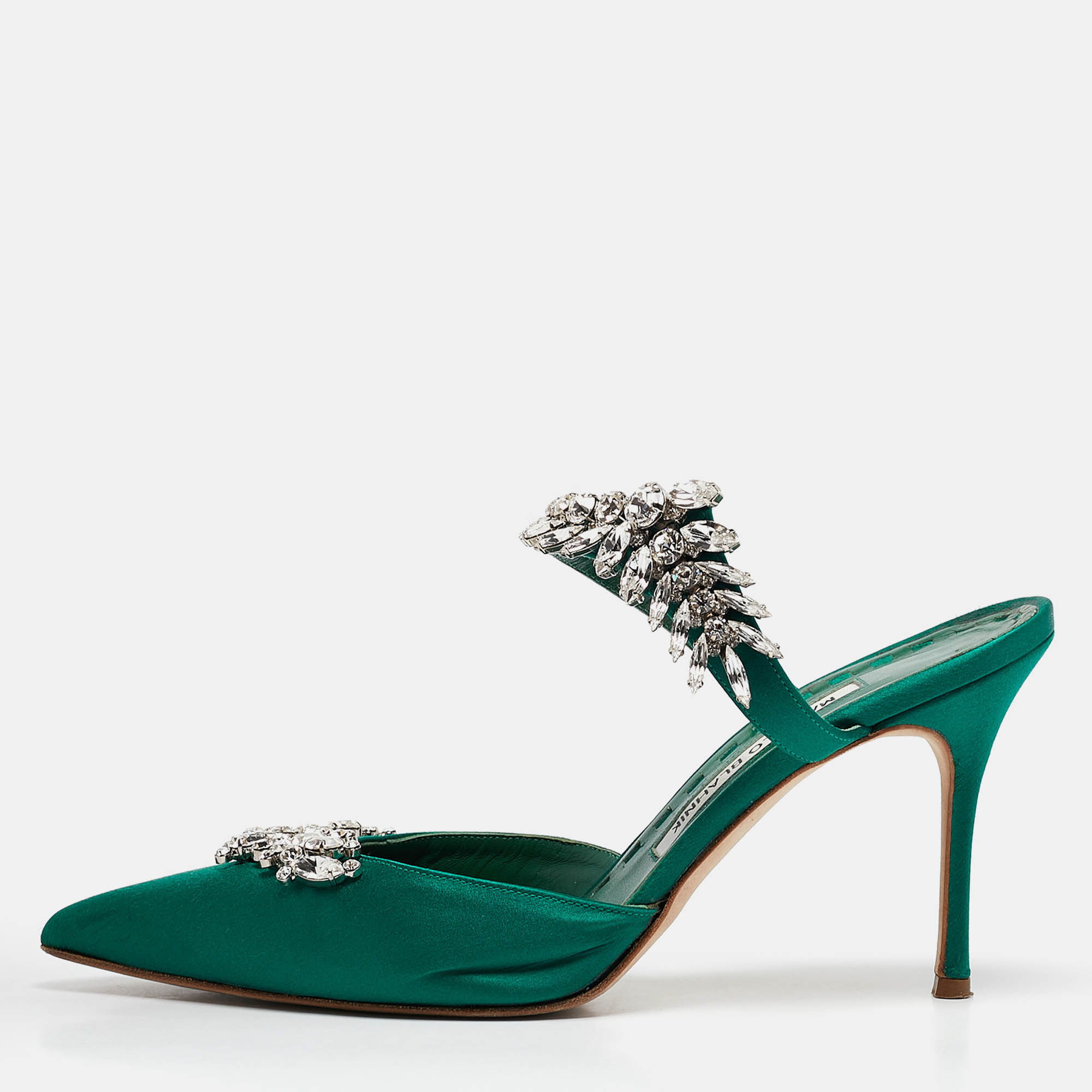 

Manolo Blahnik Green Satin Crystal Embellished Lurum Mules Size