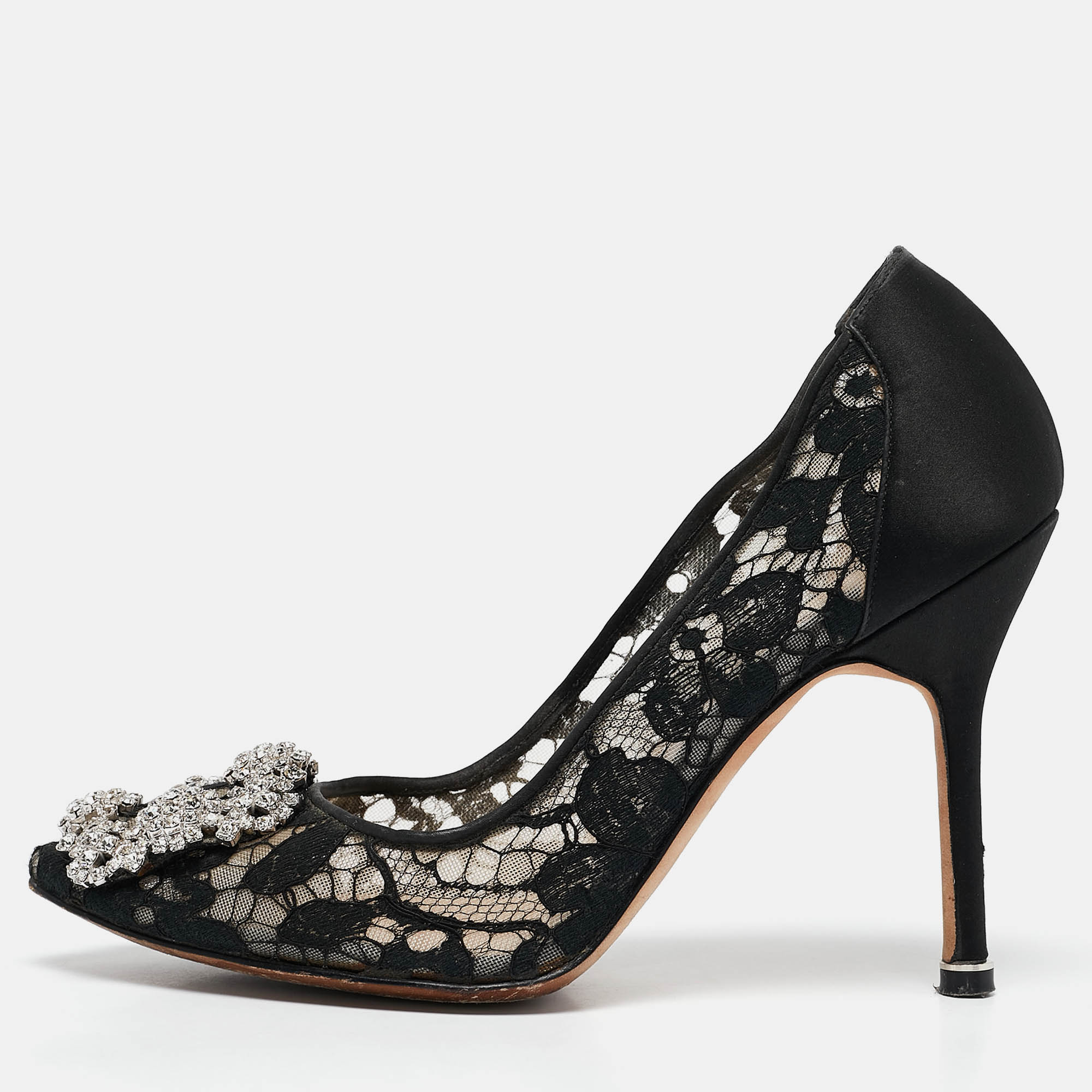 

Manolo Blahnik Black Lace and Satin Hangisi Pumps Size