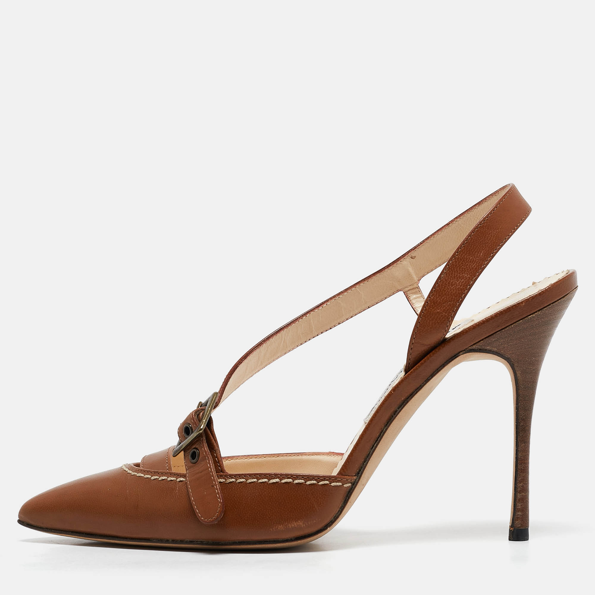 

Manolo Blahnik Tan Leather Buckle Strap Pointed Toe Pumps Size