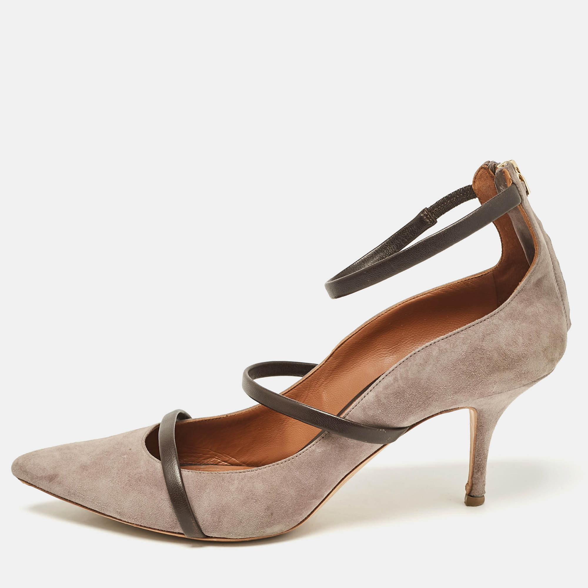 

Manolo Blahnik Grey Leather and Suede Ankle Strap Pumps Size