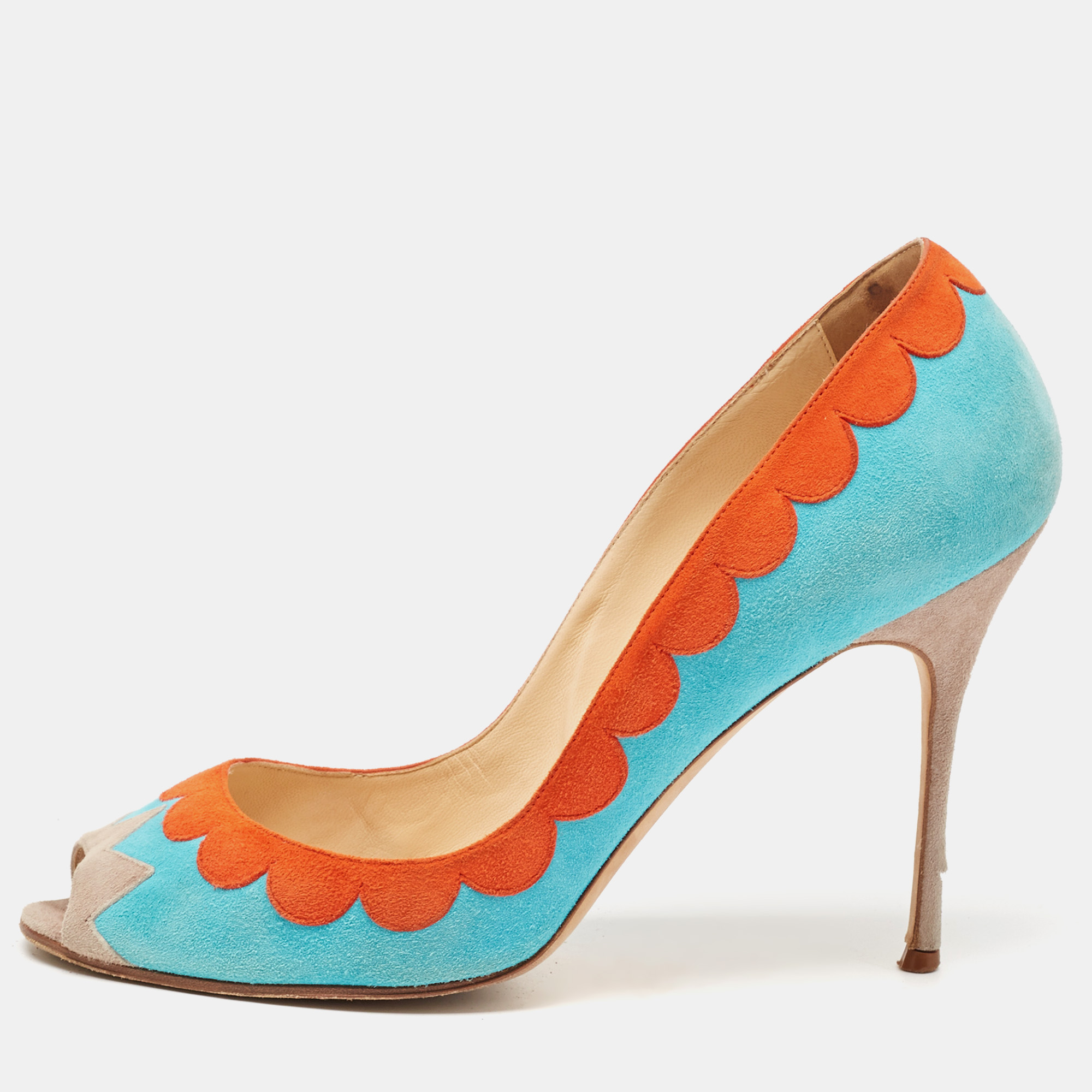 

Manolo Blahnik Blue/Orange Suede Peep Toe Pumps Size