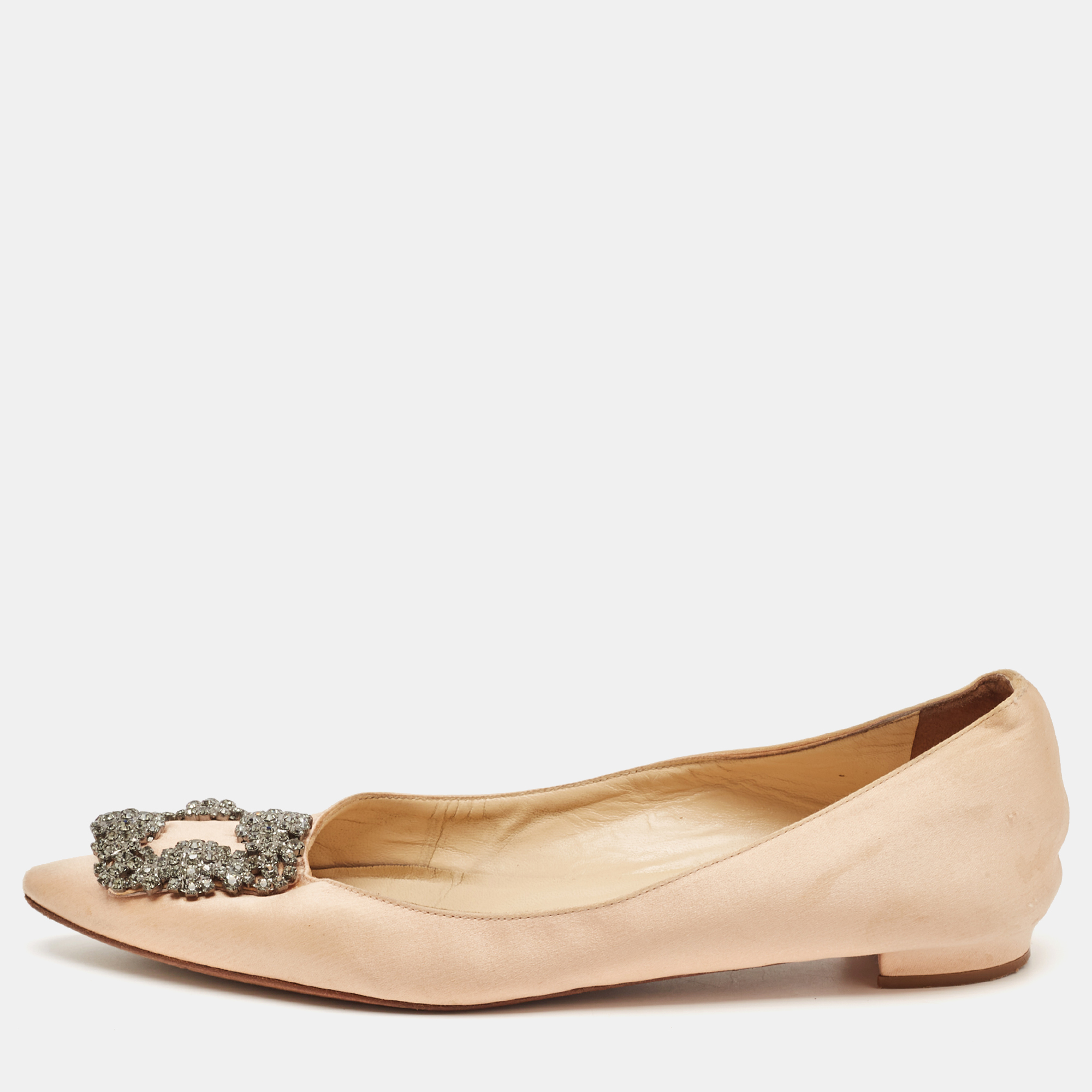 

Manolo Blahnik Beige Satin Hangisi Flat Pumps Size