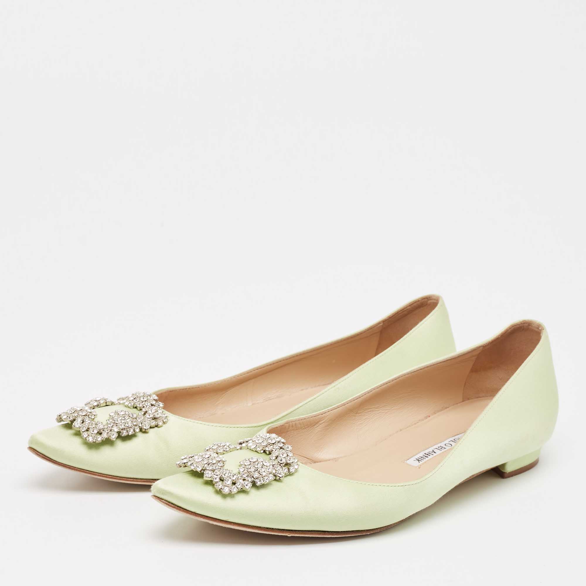 Manolo Blahnik Light Green Satin Hangisi Ballet Flats Size 38 