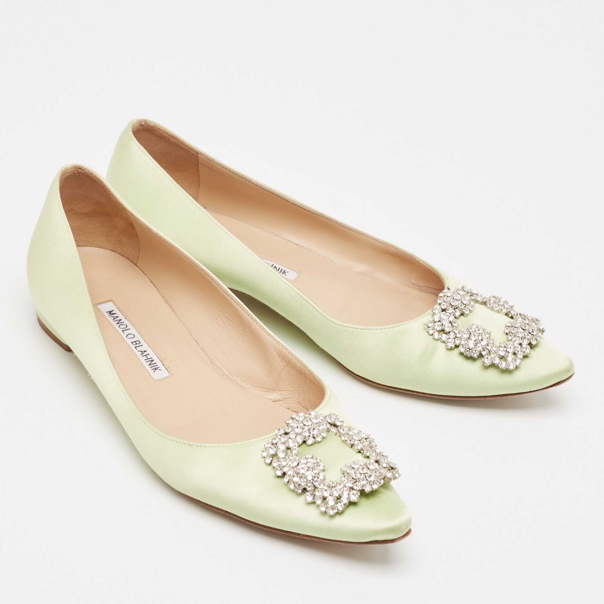 Manolo Blahnik Light Green Satin Hangisi Ballet Flats Size 38 