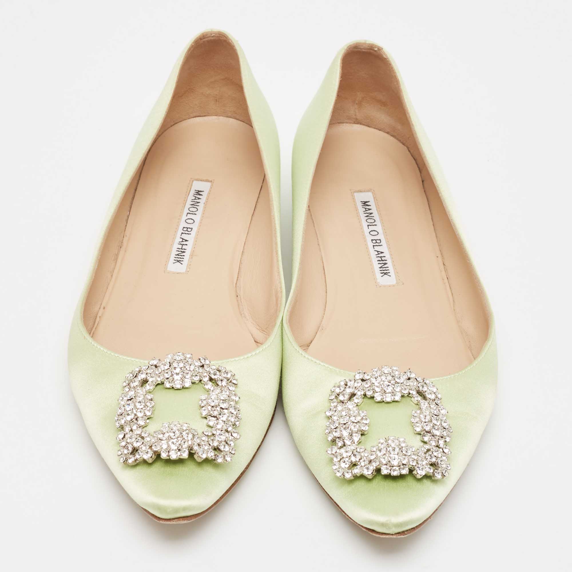 Manolo Blahnik Light Green Satin Hangisi Ballet Flats Size 38 