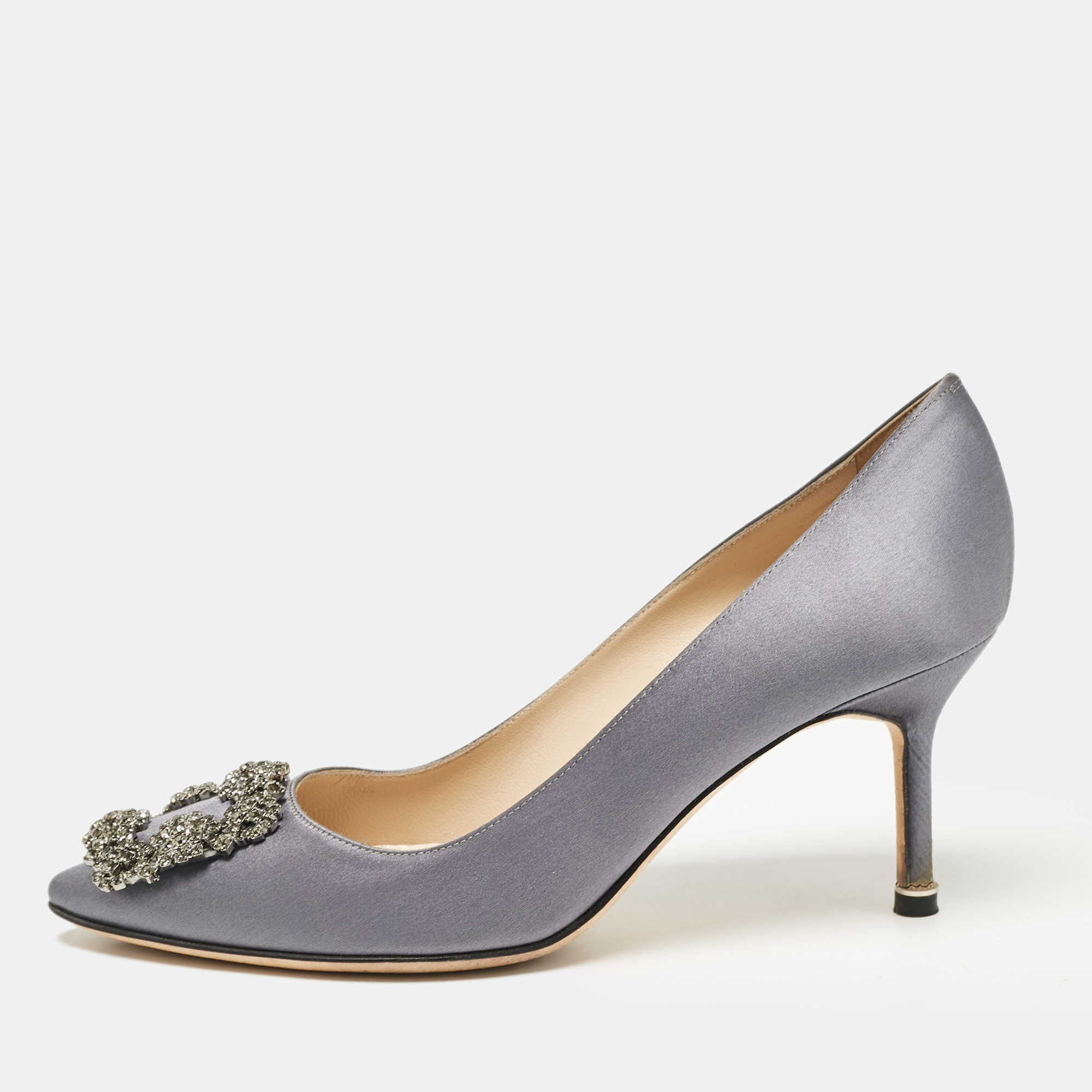 

Manolo Blahnik Grey Satin Hangisi Pumps Size