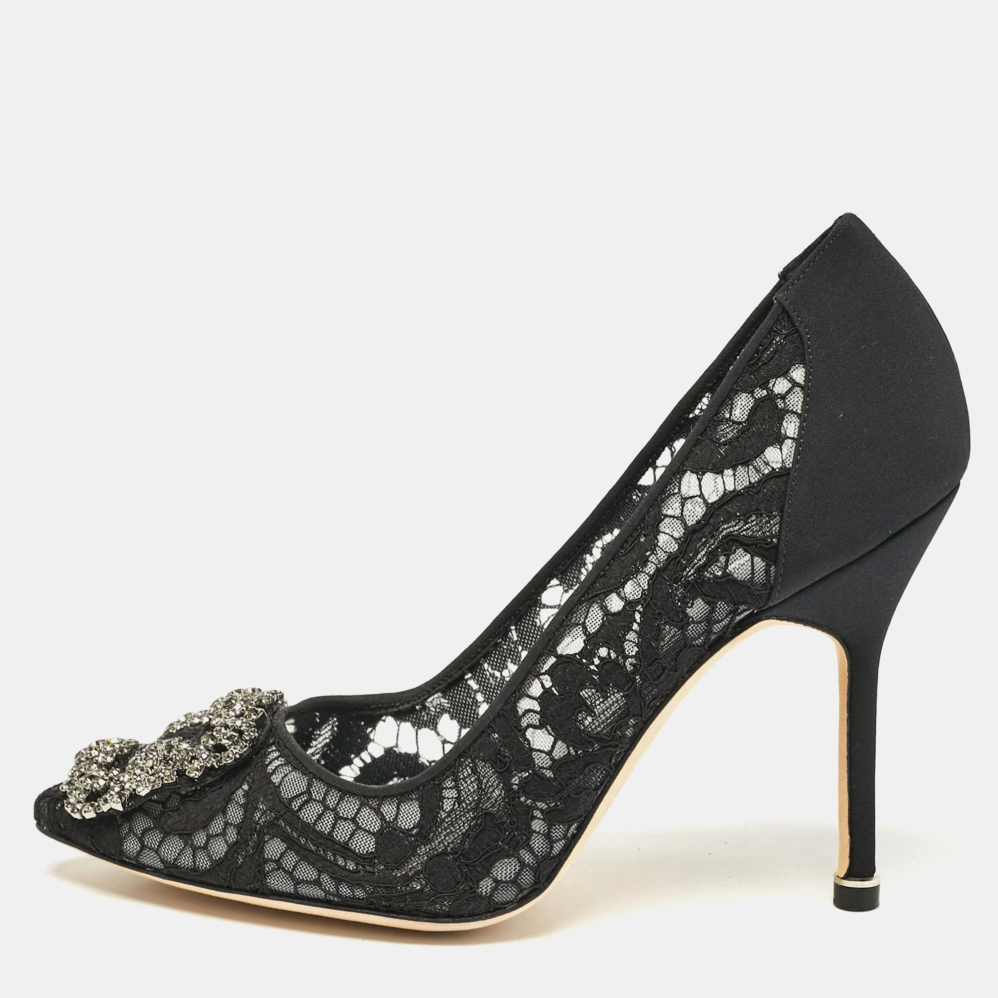 

Manolo Blahnik Black Lace and Satin Hangisi Crystal Embellished Pumps Size