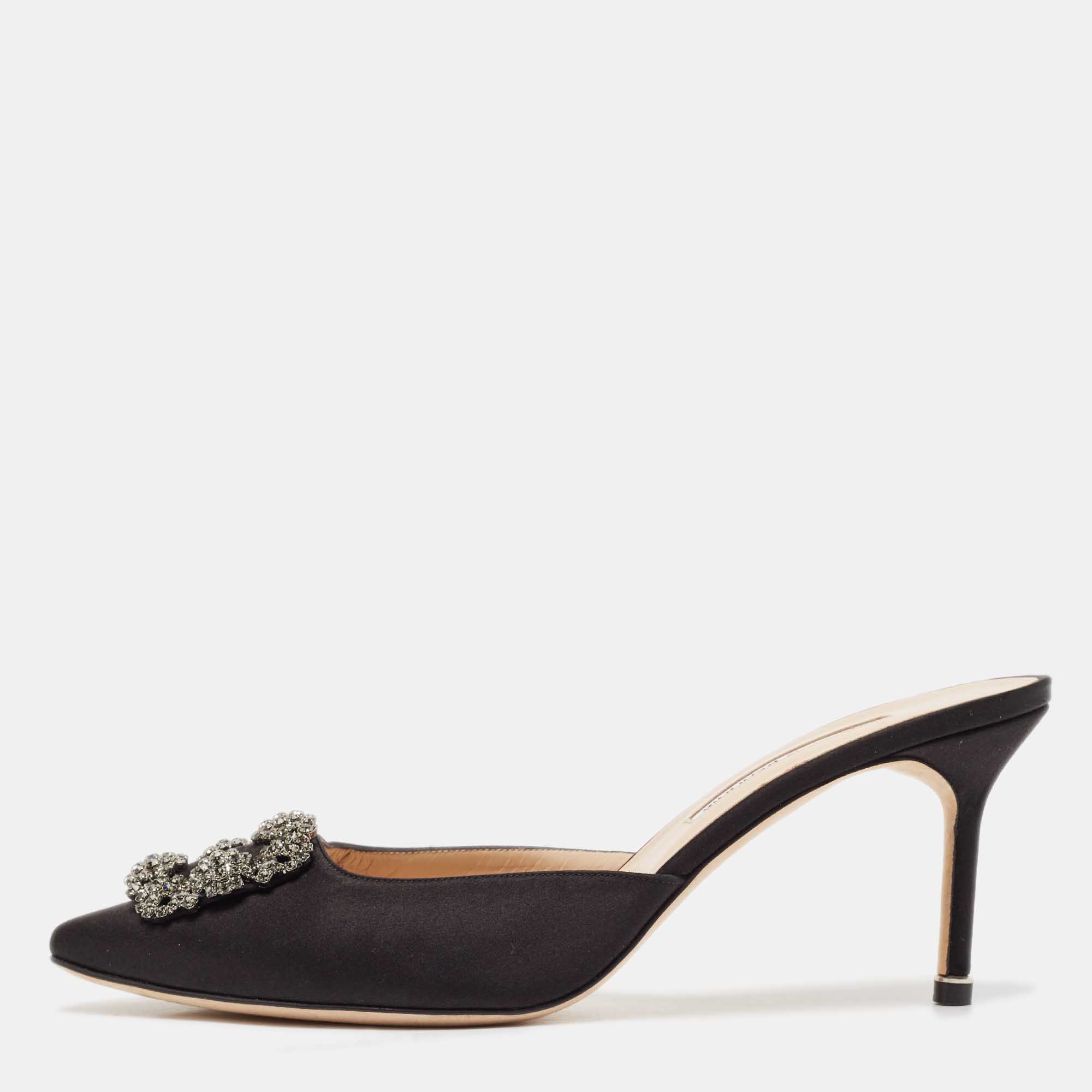 

Manolo Blahnik Black Satin Hangisi Mules Size