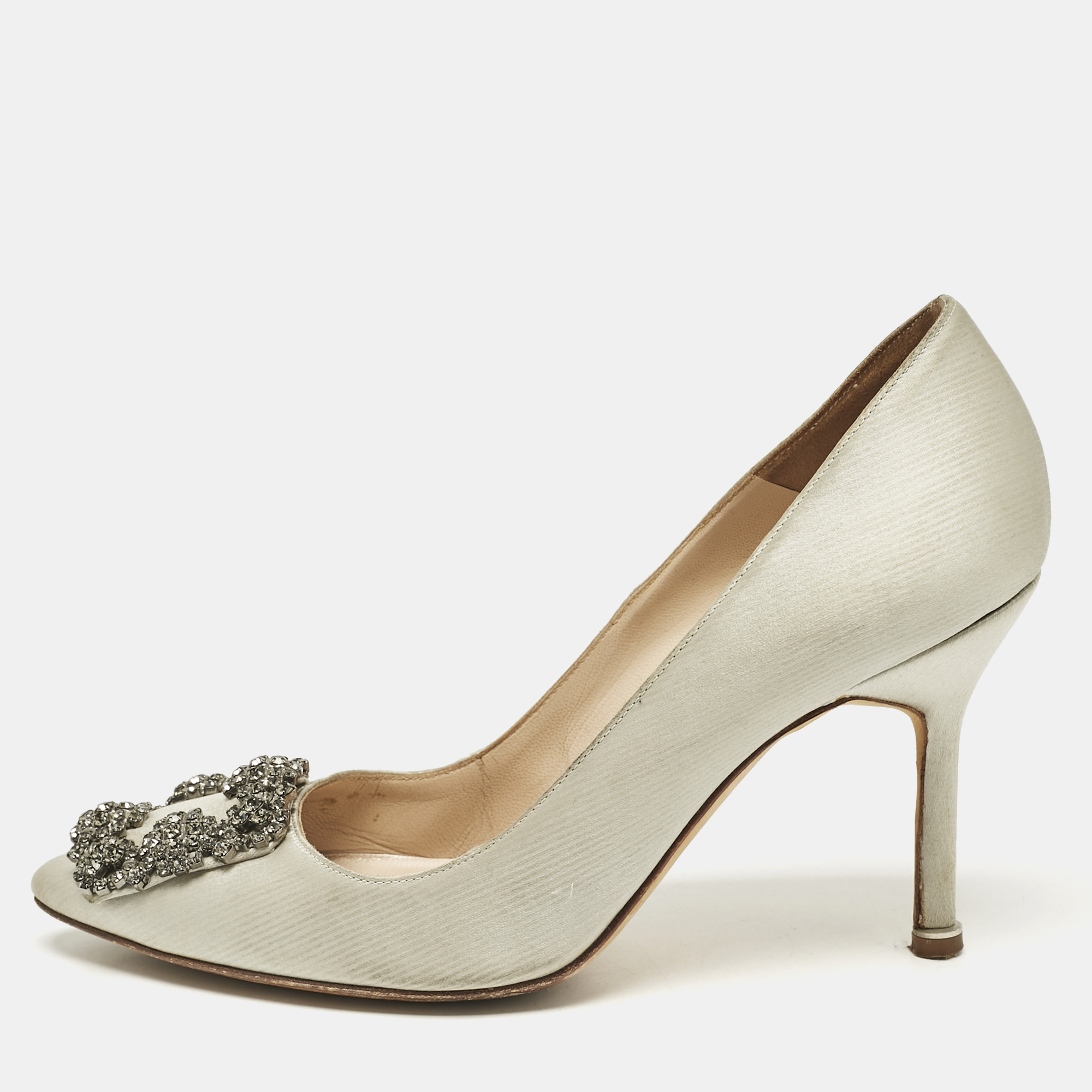 

Manolo Blahnik Grey Satin Hangisi Crystal Embellished Pumps Size