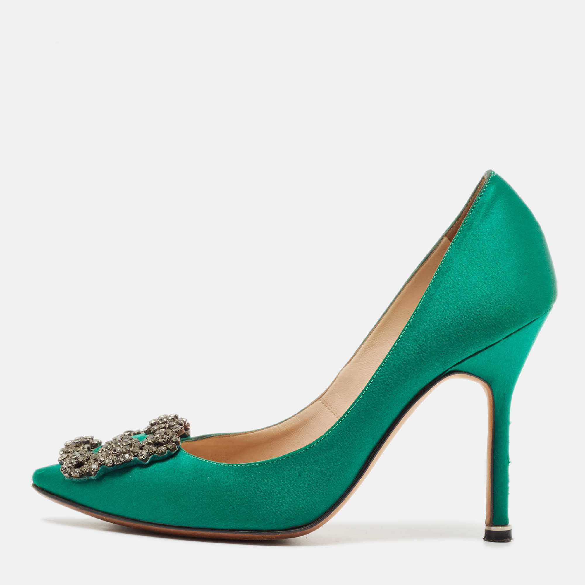 

Manolo Blahnik Green Satin Hangisi Crystal Embellished Pumps Size