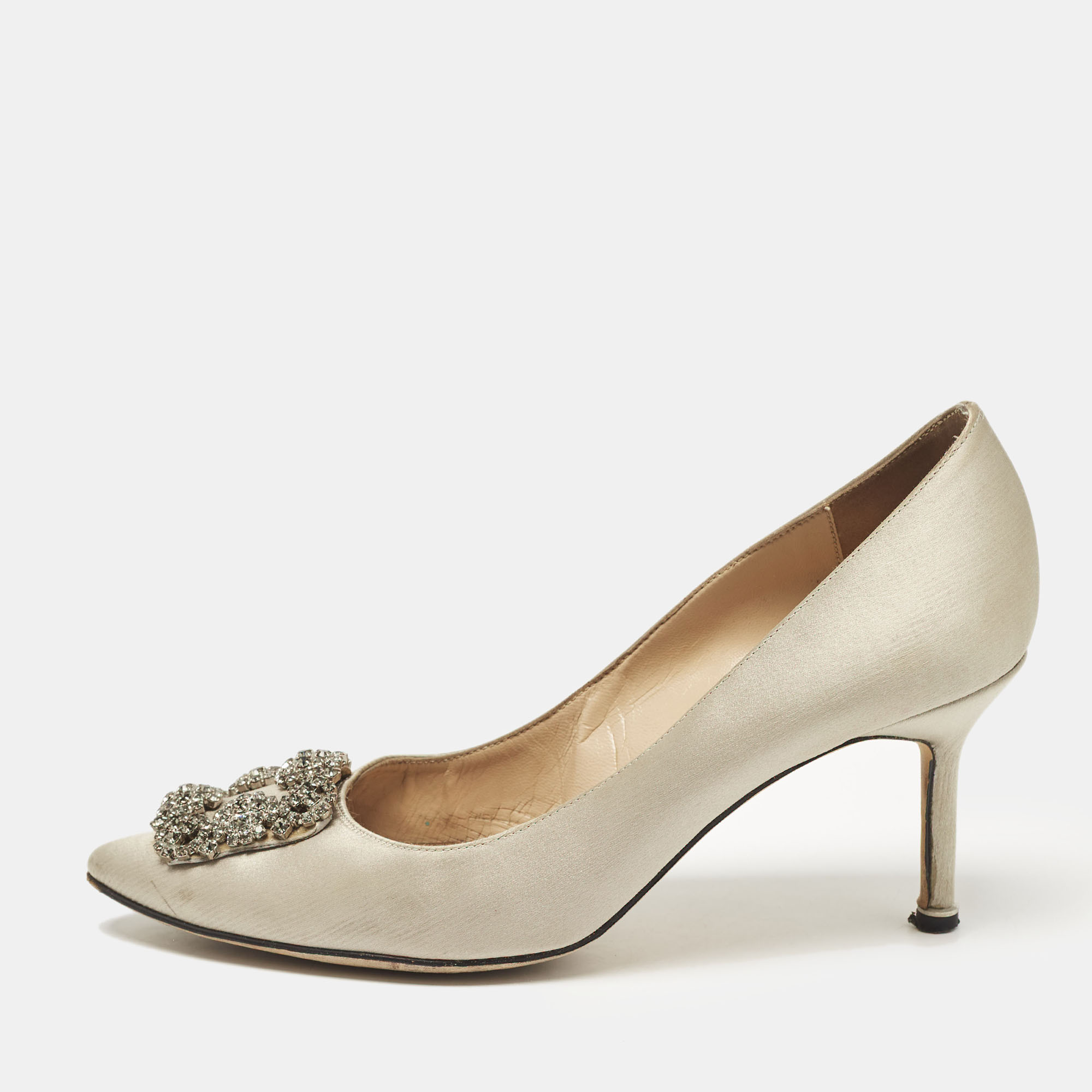 

Manolo Blahnik Grey Satin Hangisi Crystal Embellished Pumps Size