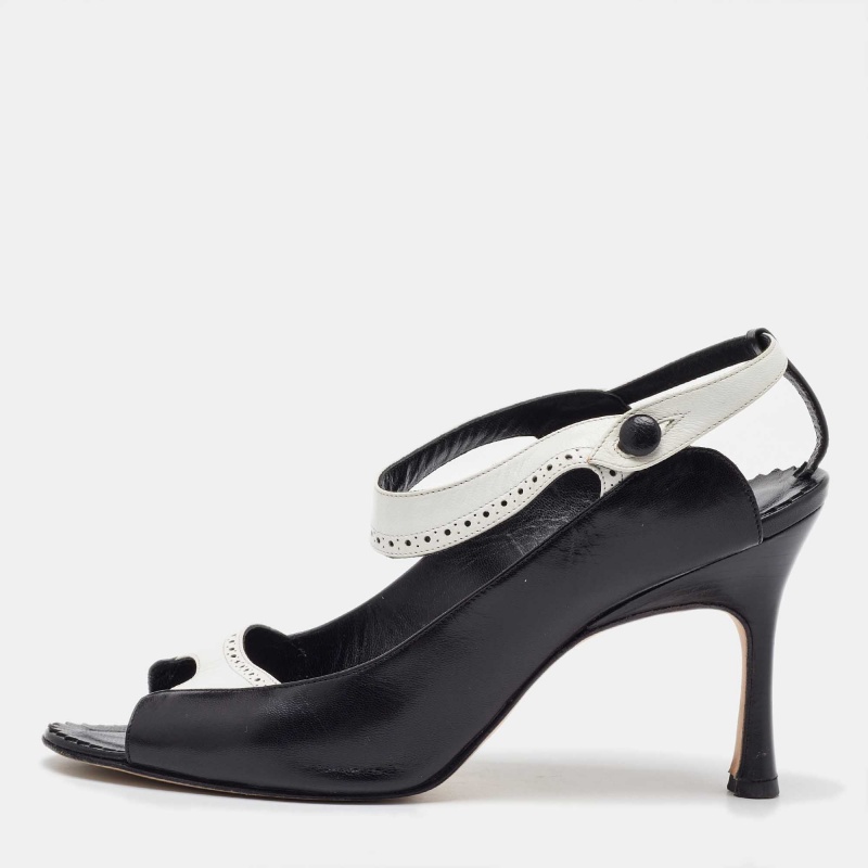 

Manolo Blahnik Black/White Leather Brogue Slingback Sandals Size