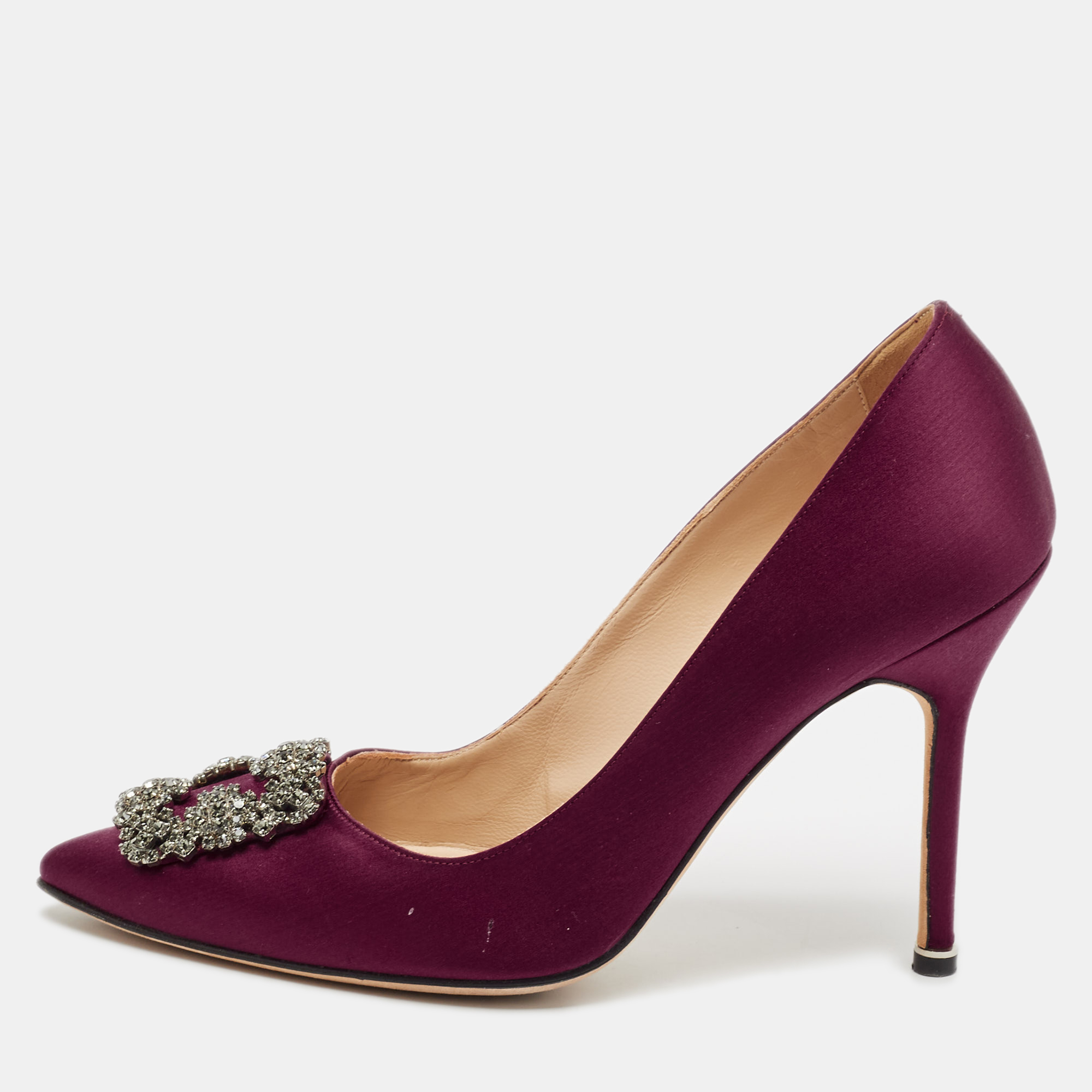 

Manolo Blahnik Burgundy Satin Hangisi Crystal Embellished Pumps Size