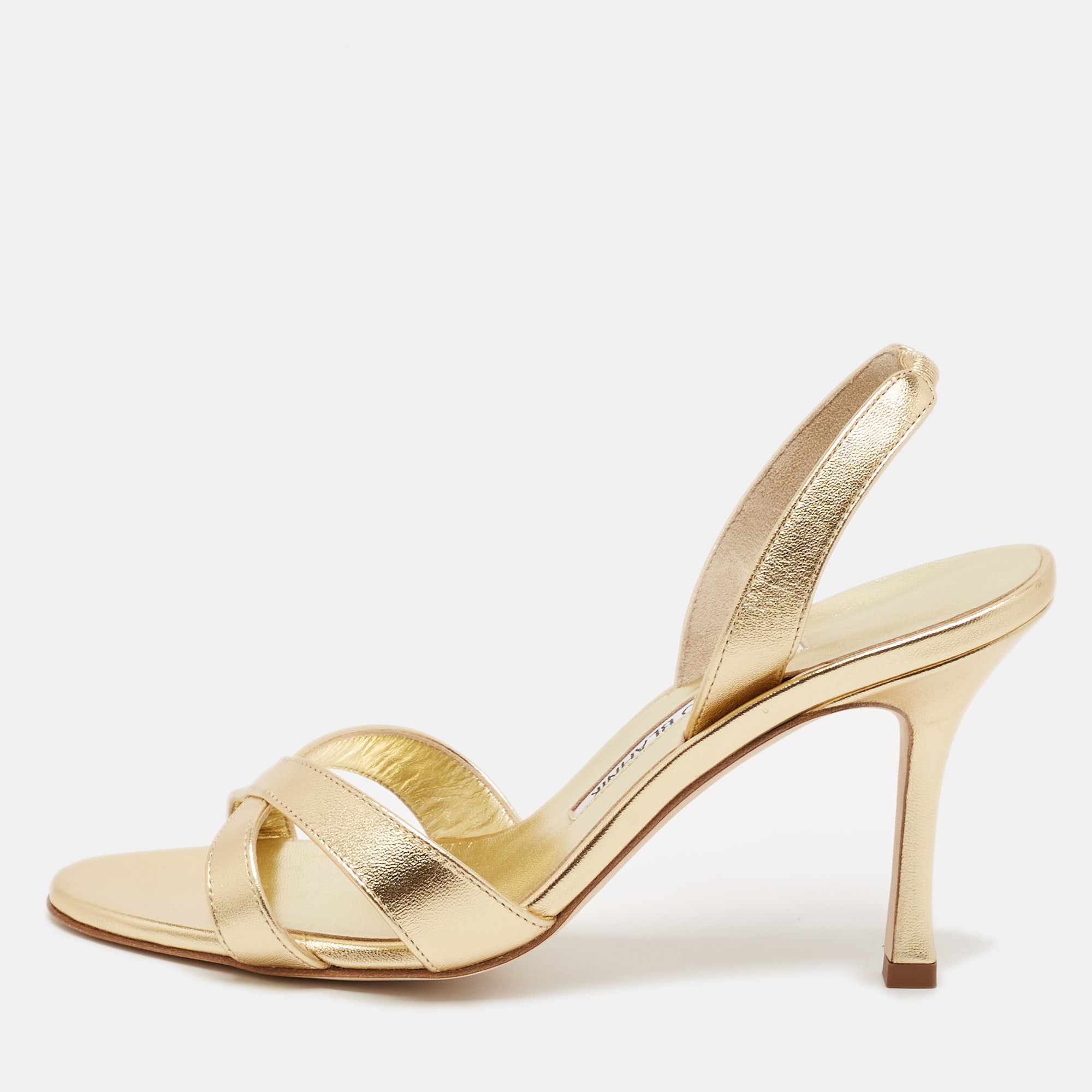 

Manolo Blahnik Gold Leather Crisscross Ankle Strap Sandals Size