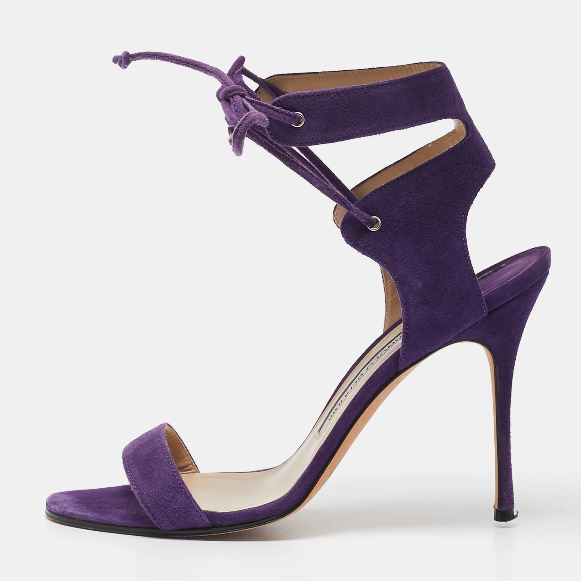 

Manolo Blahnik Purple Suede Laramod Ankle Strap Sandals Size