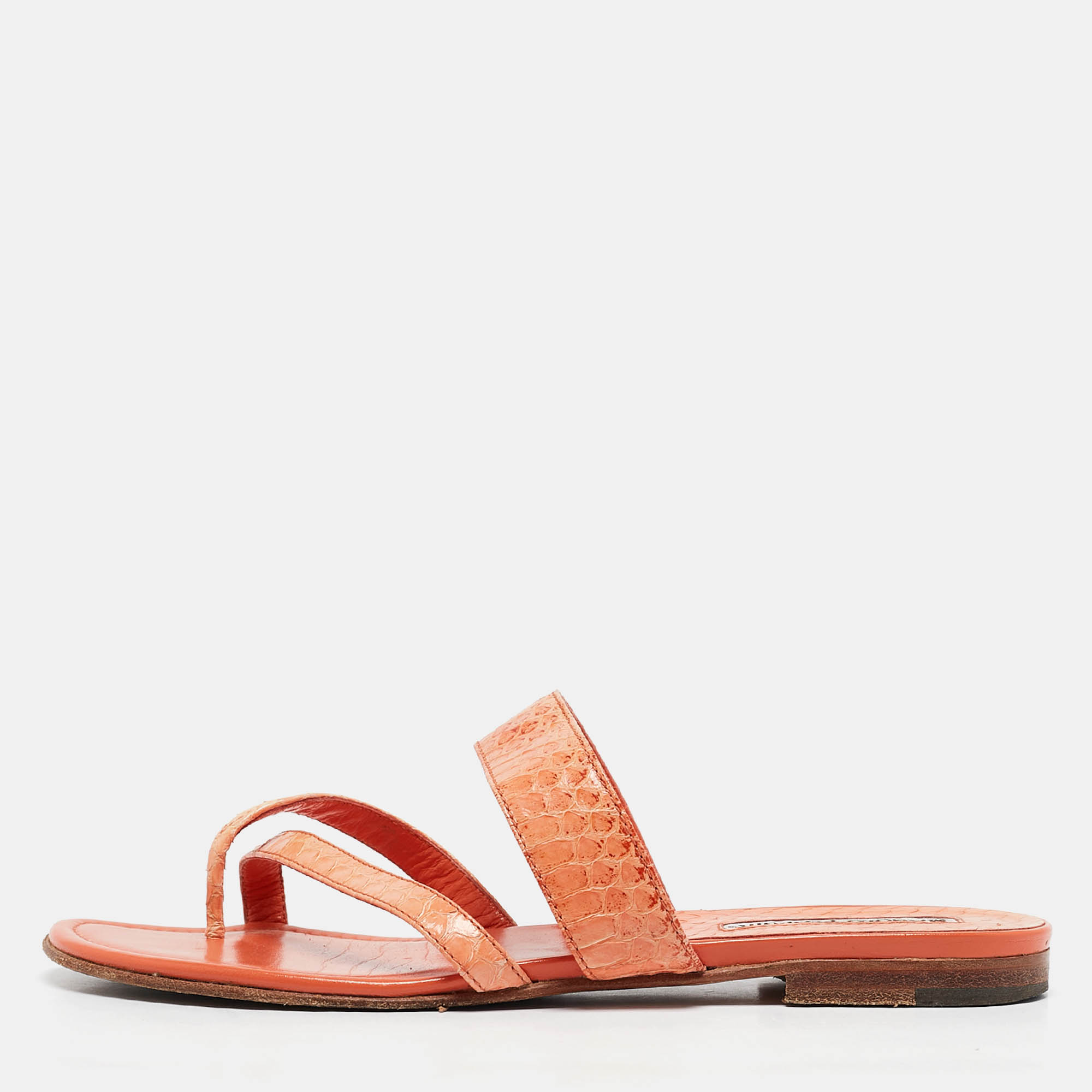 

Manolo Blahnik Orange Python Leather Susa Flat Sandals Size