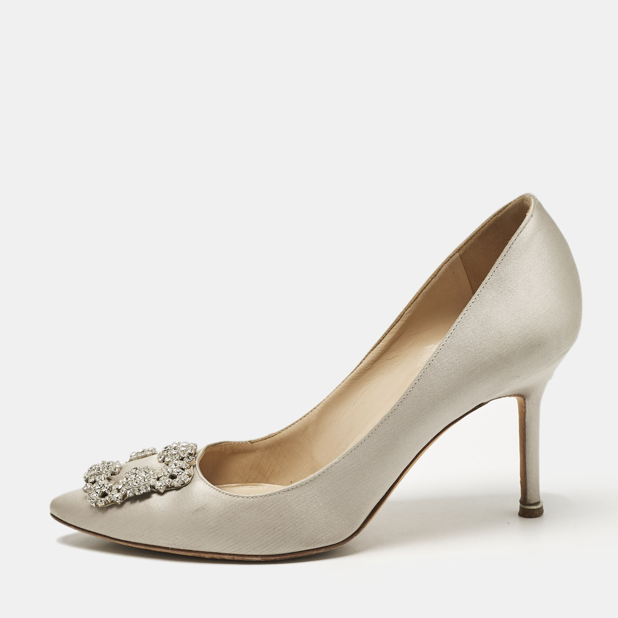 

Manolo Blahnik Grey Satin Hangisi Crystal Embellished Pumps Size