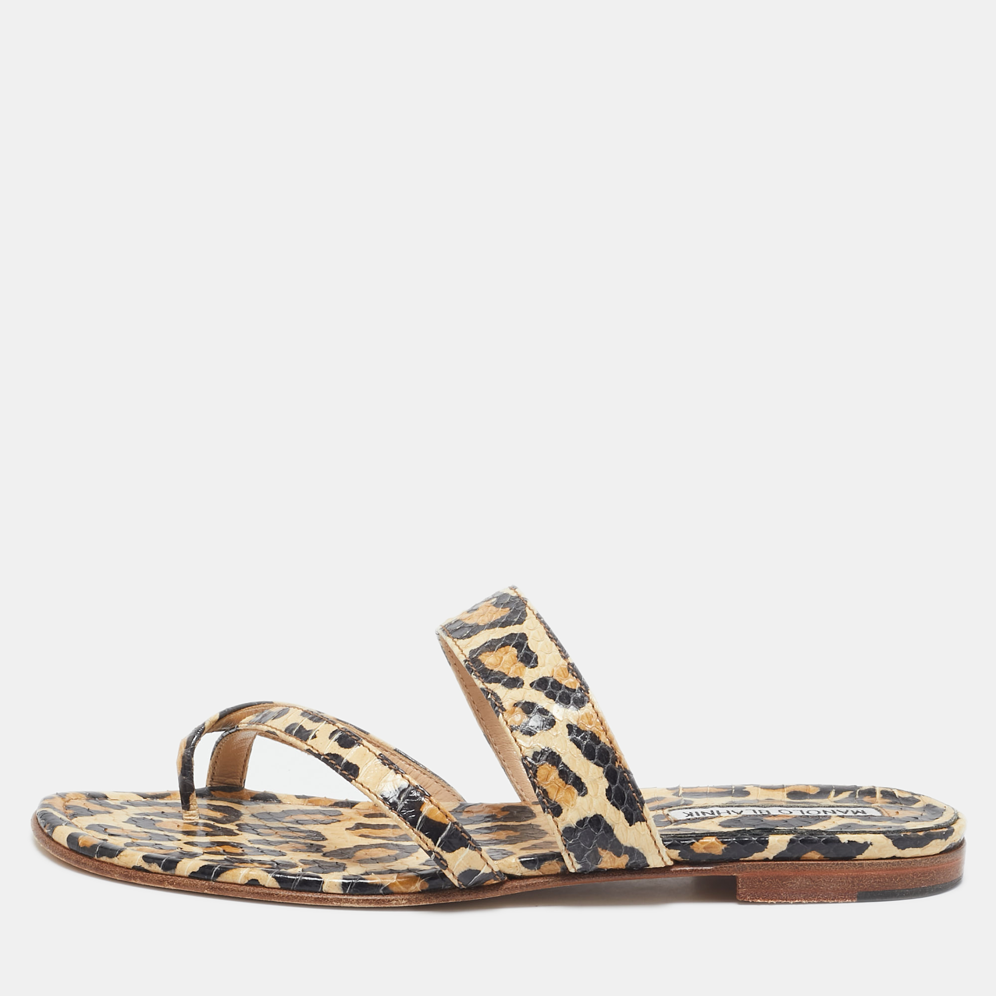 

Manolo Blahnik Brown Leopard Pint Python Leather Thong Flat Slides Size