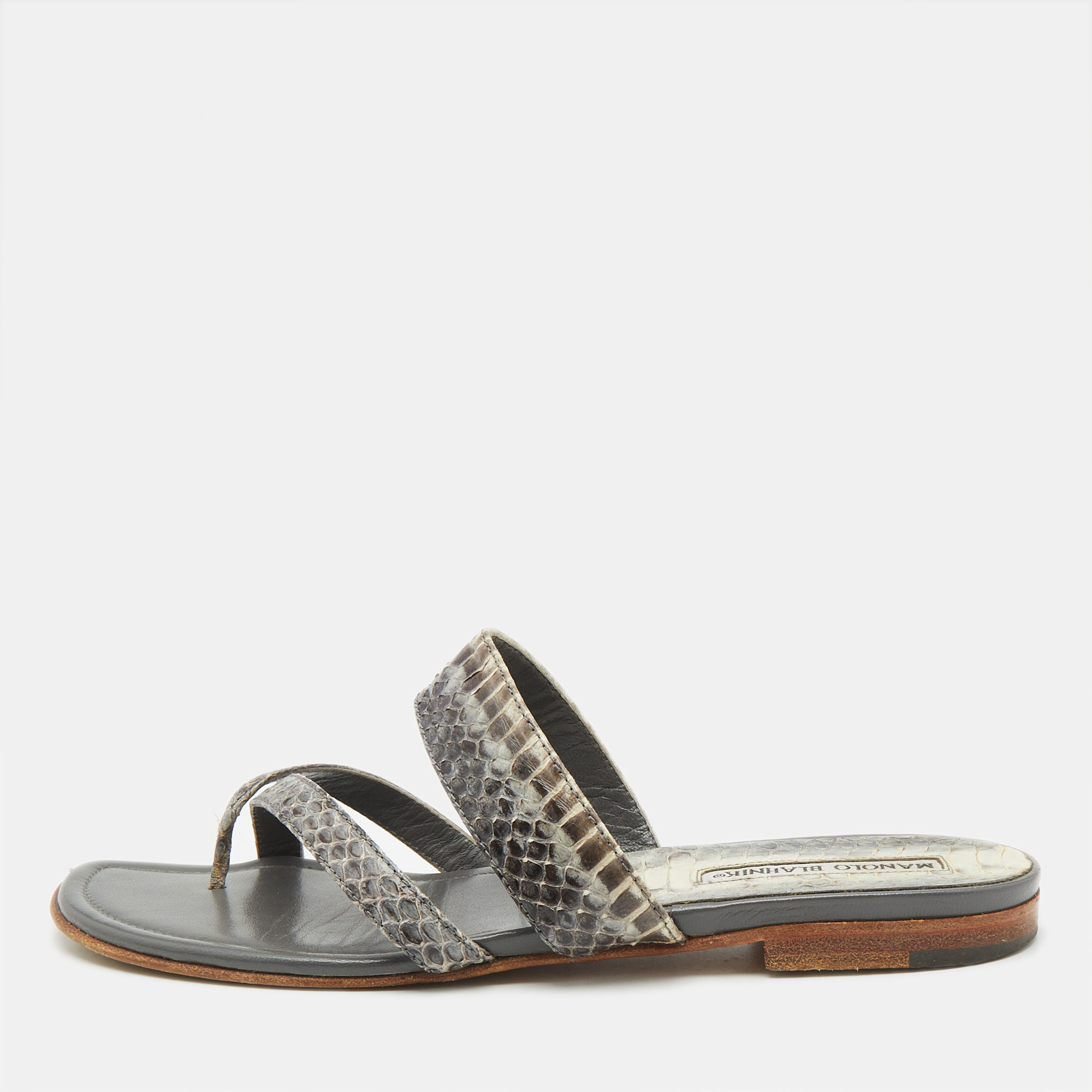 

Manolo Blahnik Grey/Black Snakeskin Leather Susa Flat Sandals Size