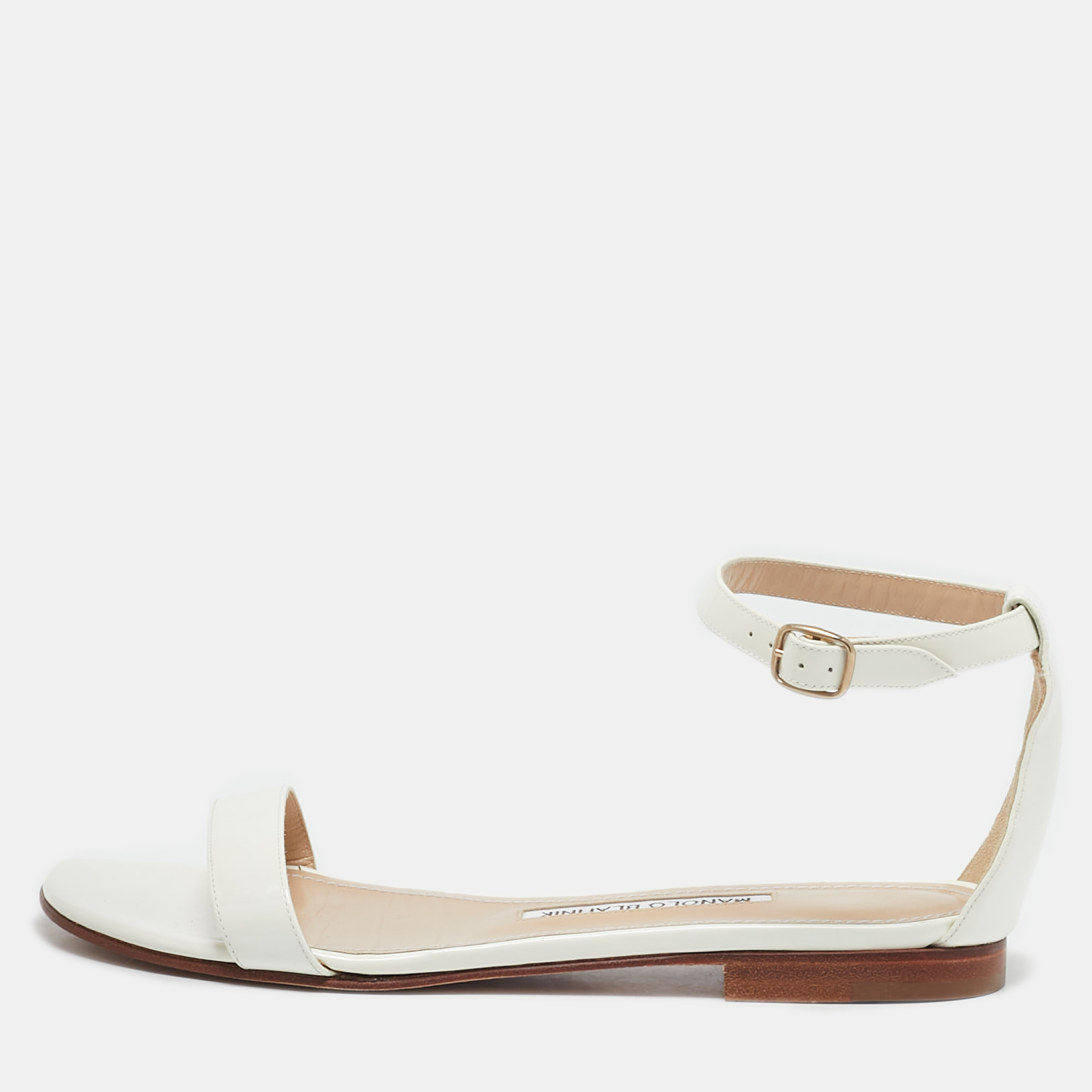 

Manolo Blahnik White Patent Leather Ankle Strap Flat Sandals Size