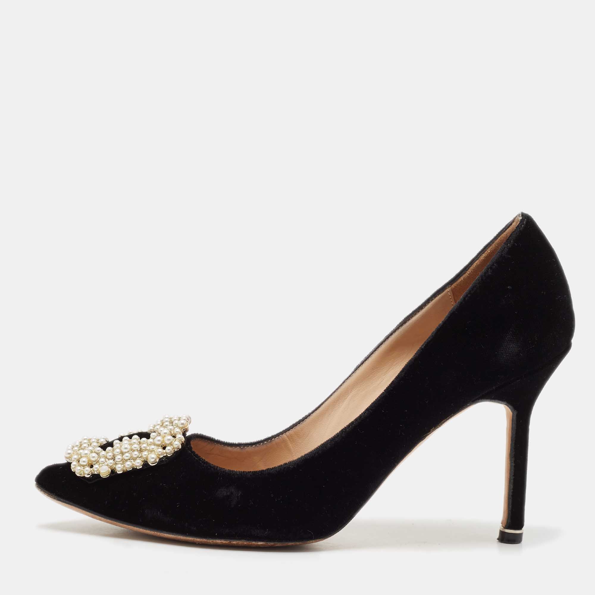 

Manolo Blahnik Black Velvet Hangisi Crystal Embellished Pumps Size