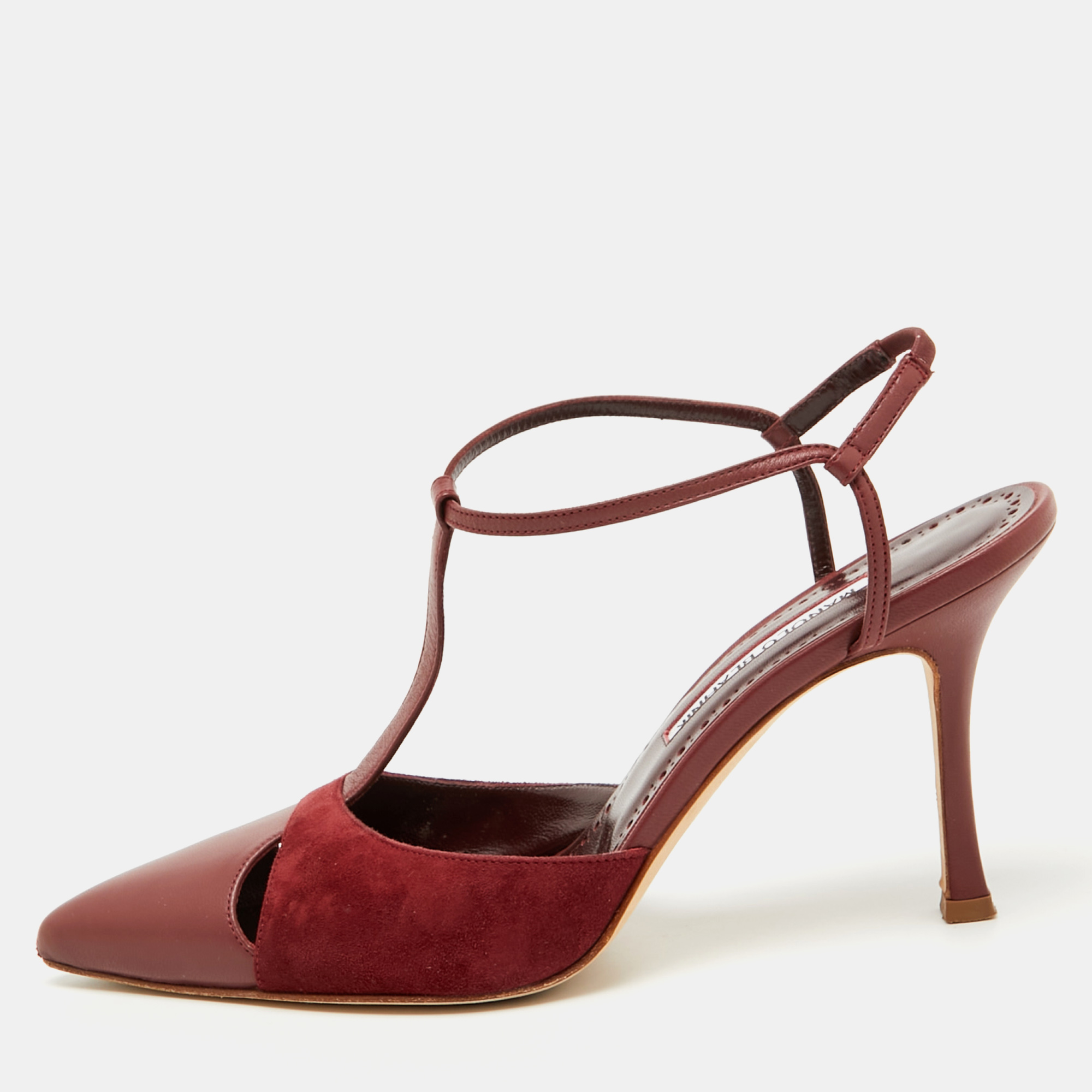 

Manolo Blahnik Burgundy Leather and Suede Turgimodhi Pumps Size