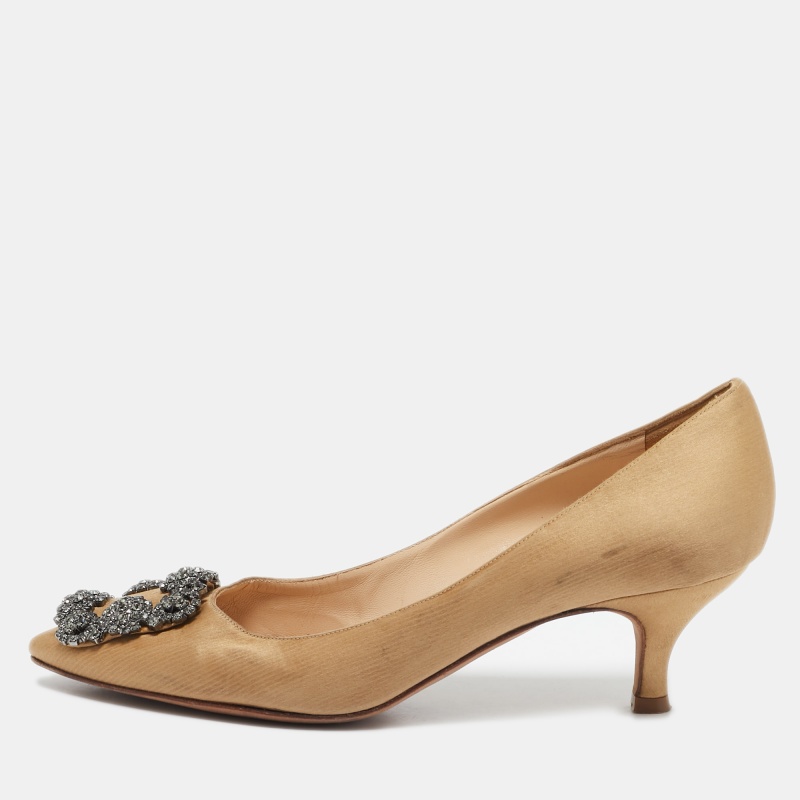 

Manolo Blahnik Brown Satin Hangisi Embellished Pumps Size