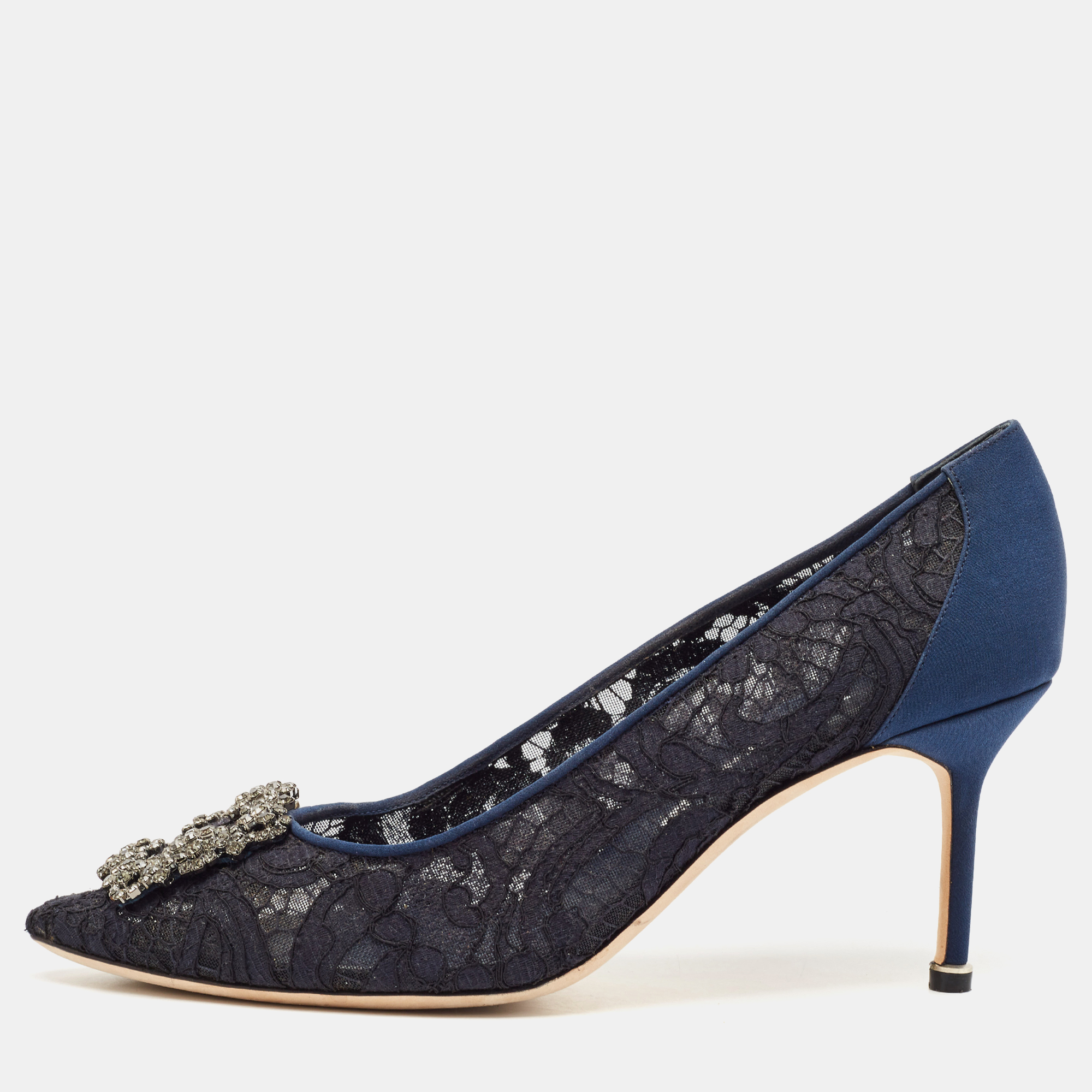 

Manolo Blahnik Navy Blue Lace and Satin Hangisi Pumps Size