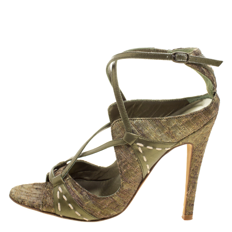 

Manolo Blahnik Metallic Green Silk Rovani Cross Strap Open Toe Sandals Size