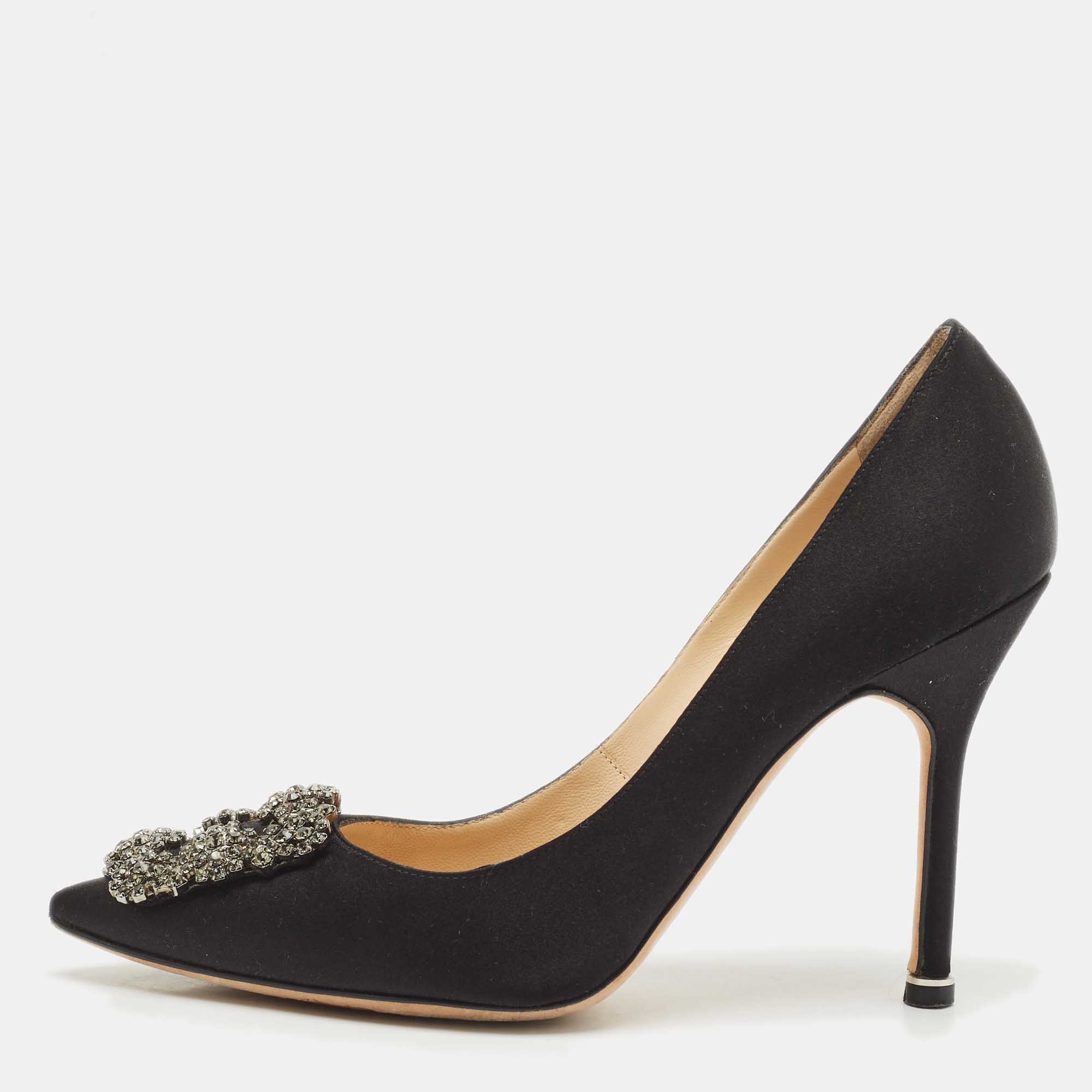 

Manolo Blahnik Black Satin Hangisi Crystal Embellished Pumps Size