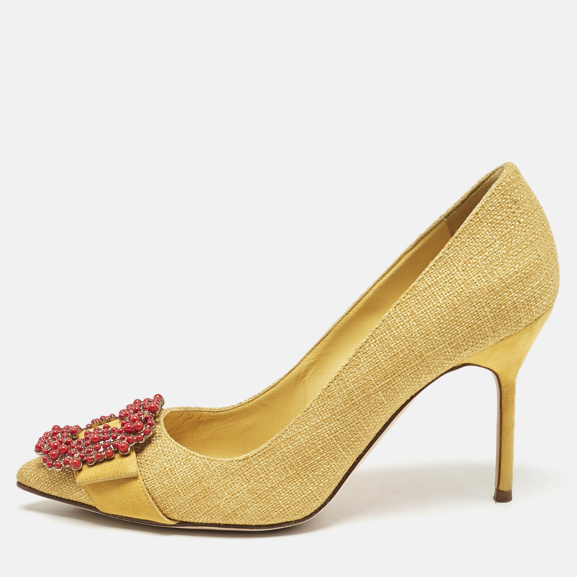 

Manolo Blahnik Yellow Canvas and Suede Hangisi Pumps Size