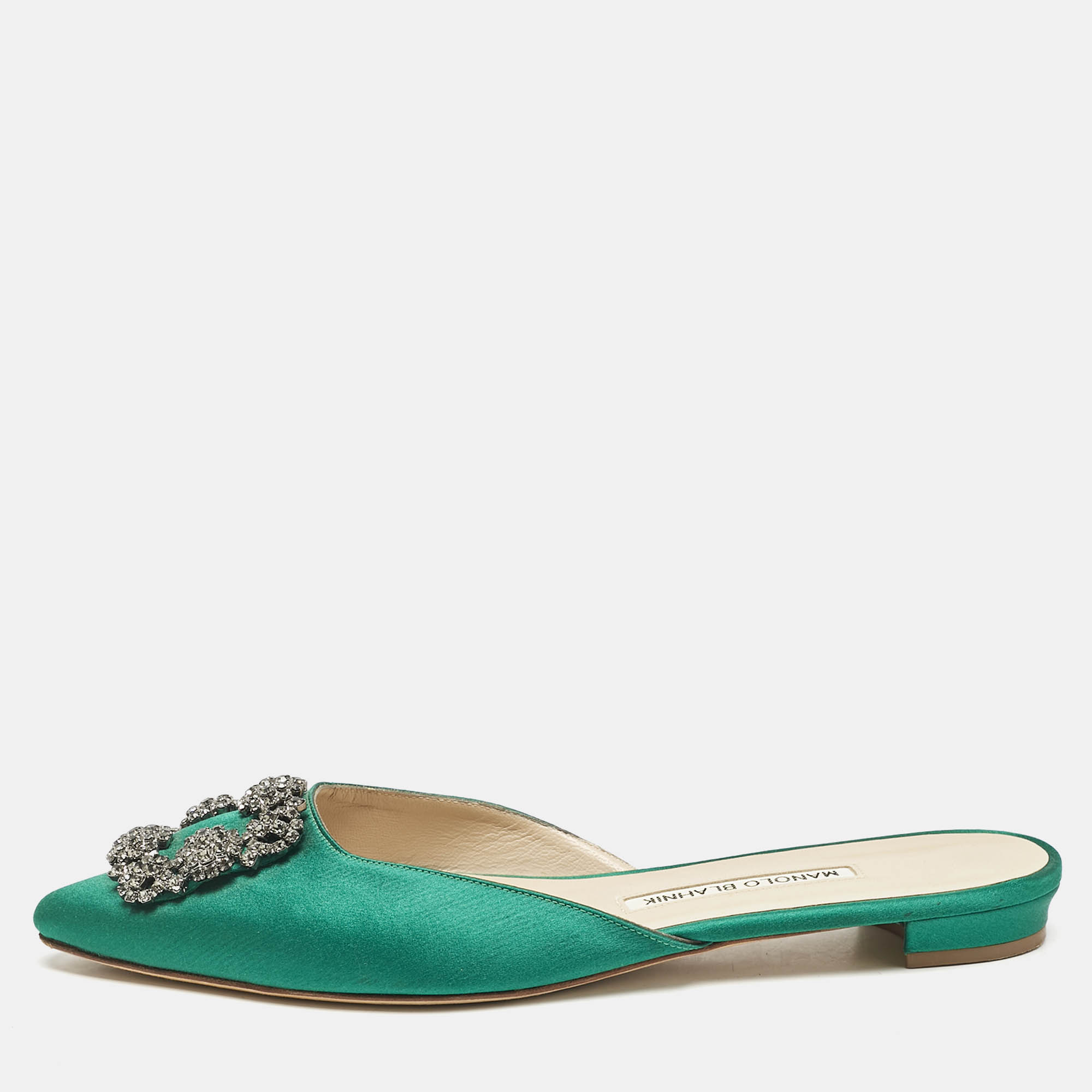 

Manolo Blahnik Green Satin Hangisi Crystal Embellished Flat Mules Size