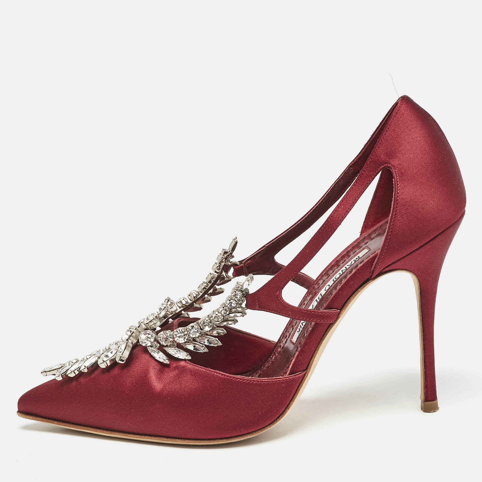 

Manolo Blahnik Burgundy Satin Crystal Embellished Lala Pumps Size 38