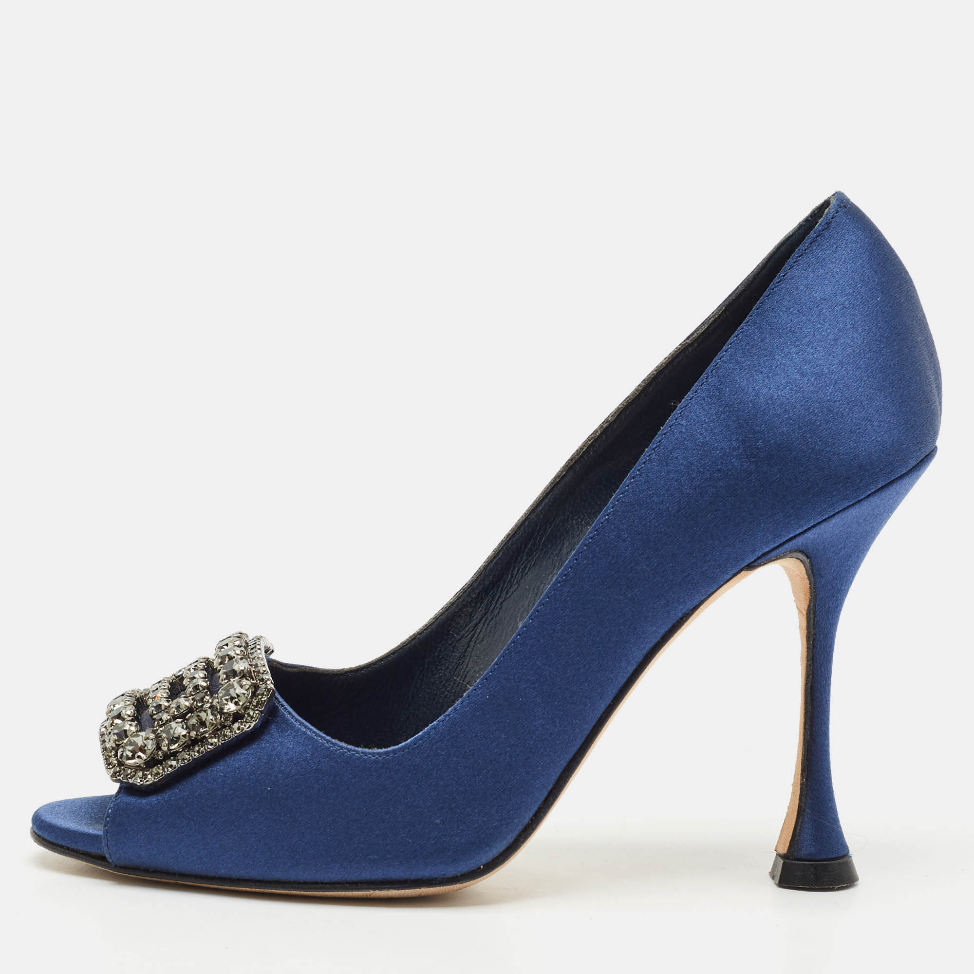 

Manolo Blahnik Navy Blue Satin Matik Peep Toe Pumps Size