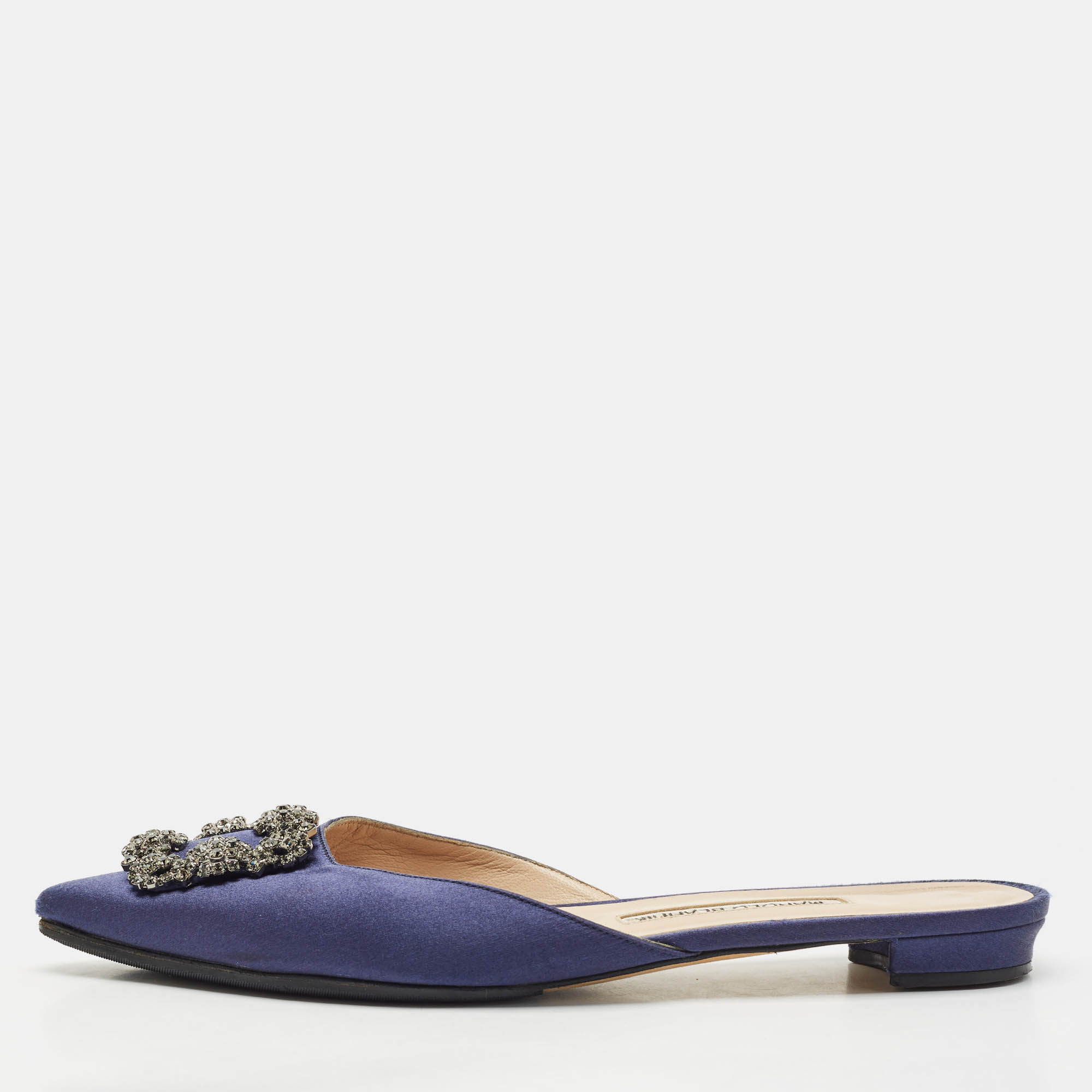 

Manolo Blahnik Navy Blue Satin Hangisi Flat Mules Size