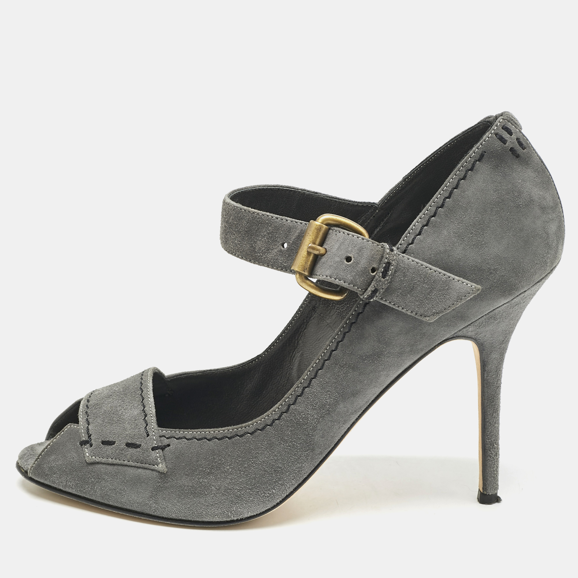 Pre-owned Manolo Blahnik Grey Suede Reata Peep Toe Pumps Size 40.5