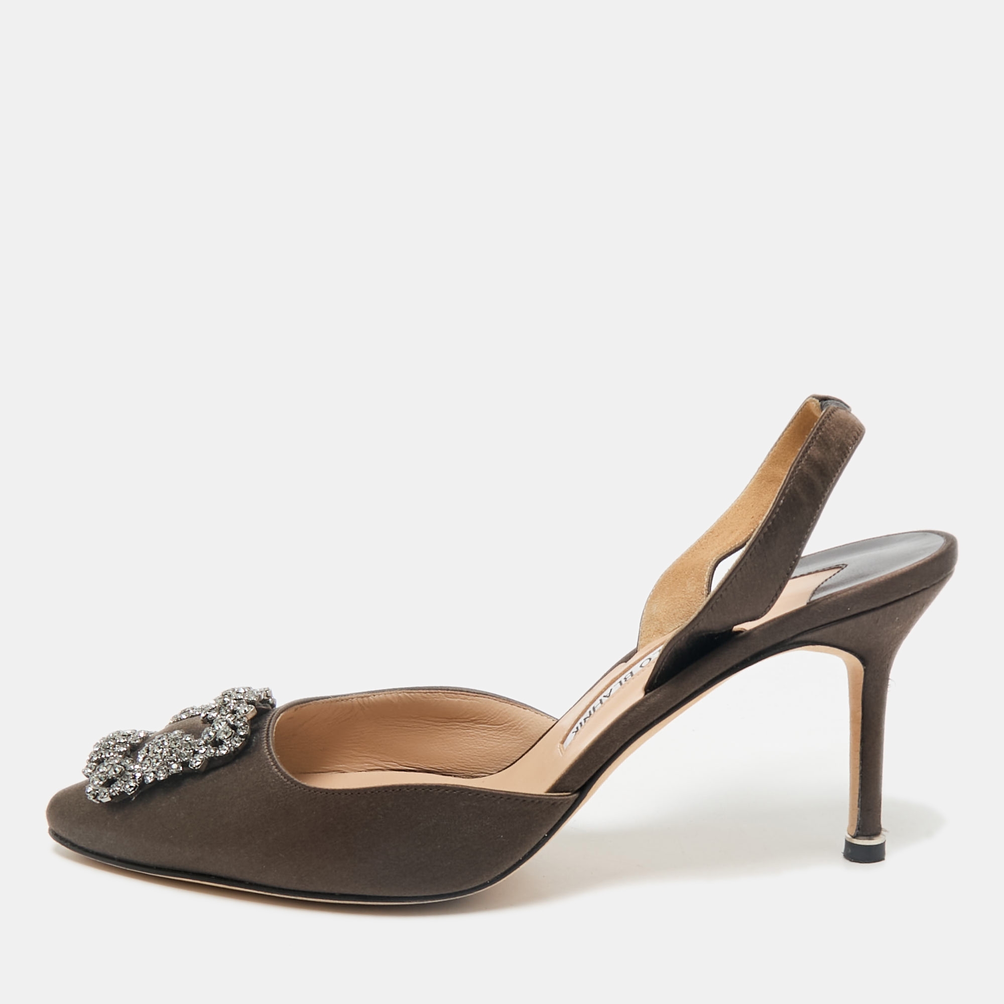 Pre-owned Manolo Blahnik Dark Green Satin Hangisli Slingback Pumps Size 40