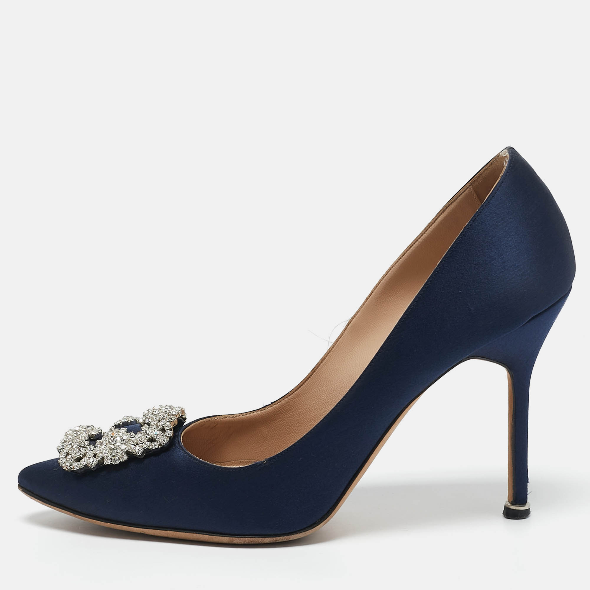 

Manolo Blahnik Blue Satin Hangisi Embellished Pumps Size
