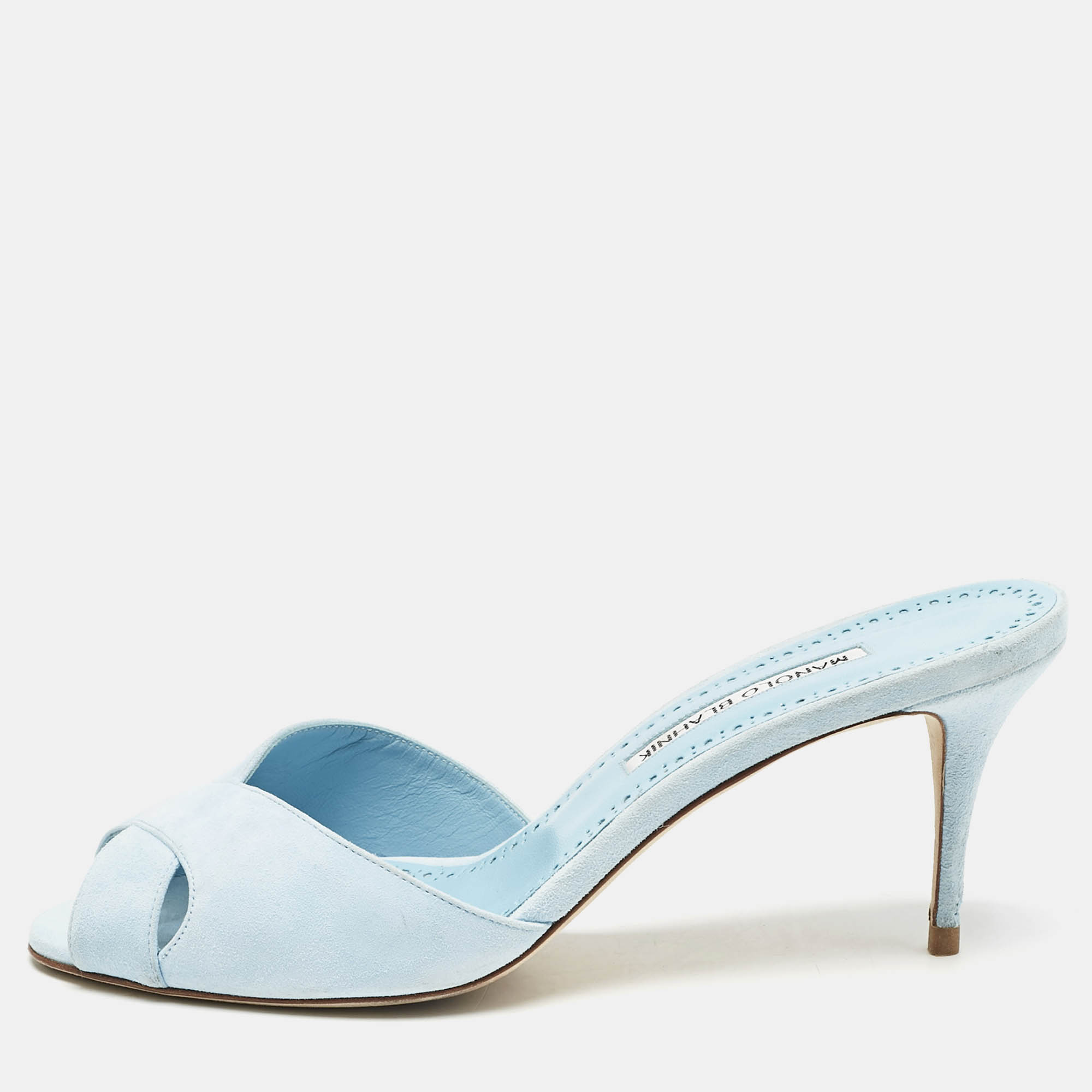 

Manolo Blahnik Light Blue Suede Mumbimu Slide Sandals Size