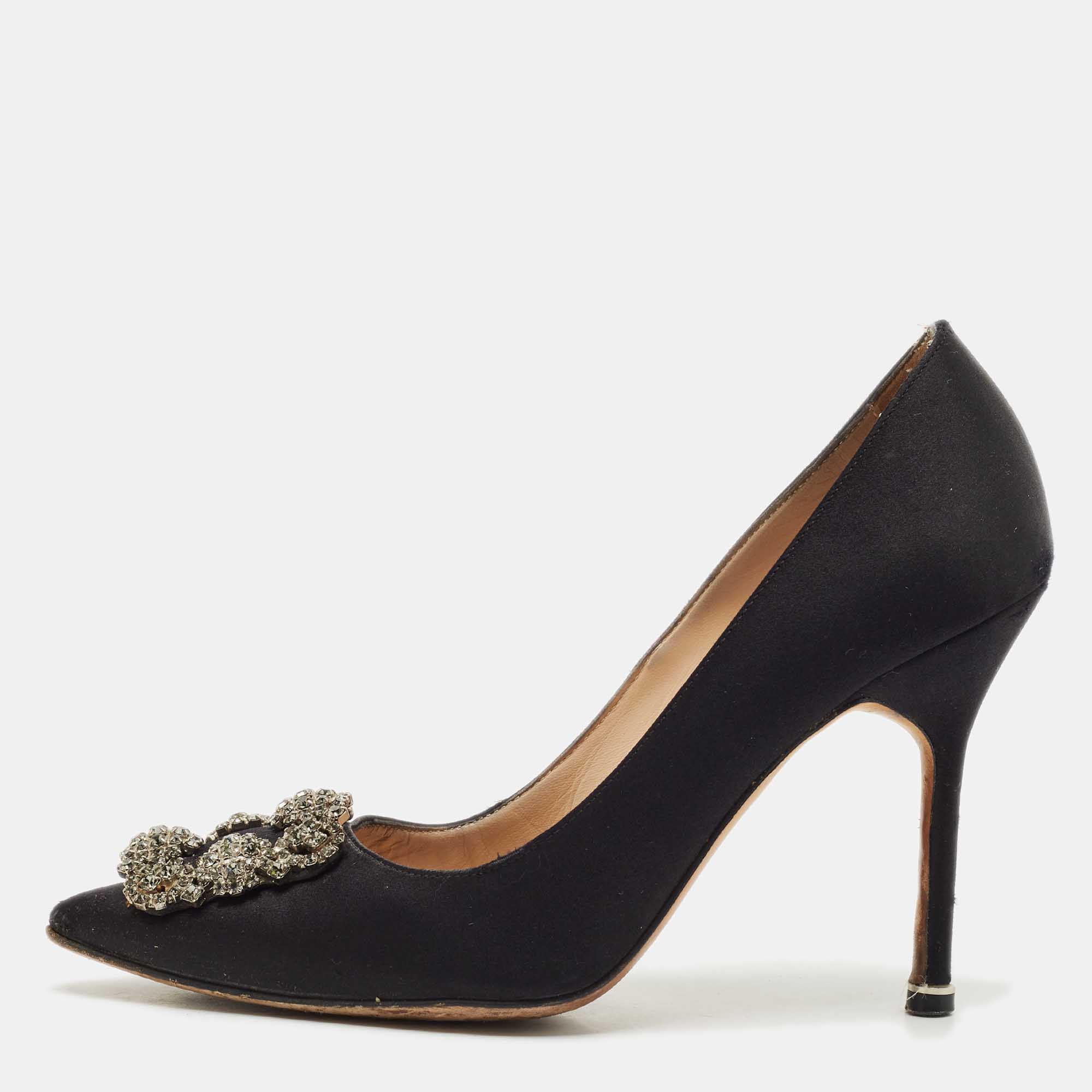 

Manolo Blahnik Black Satin Hangisi Pumps Size