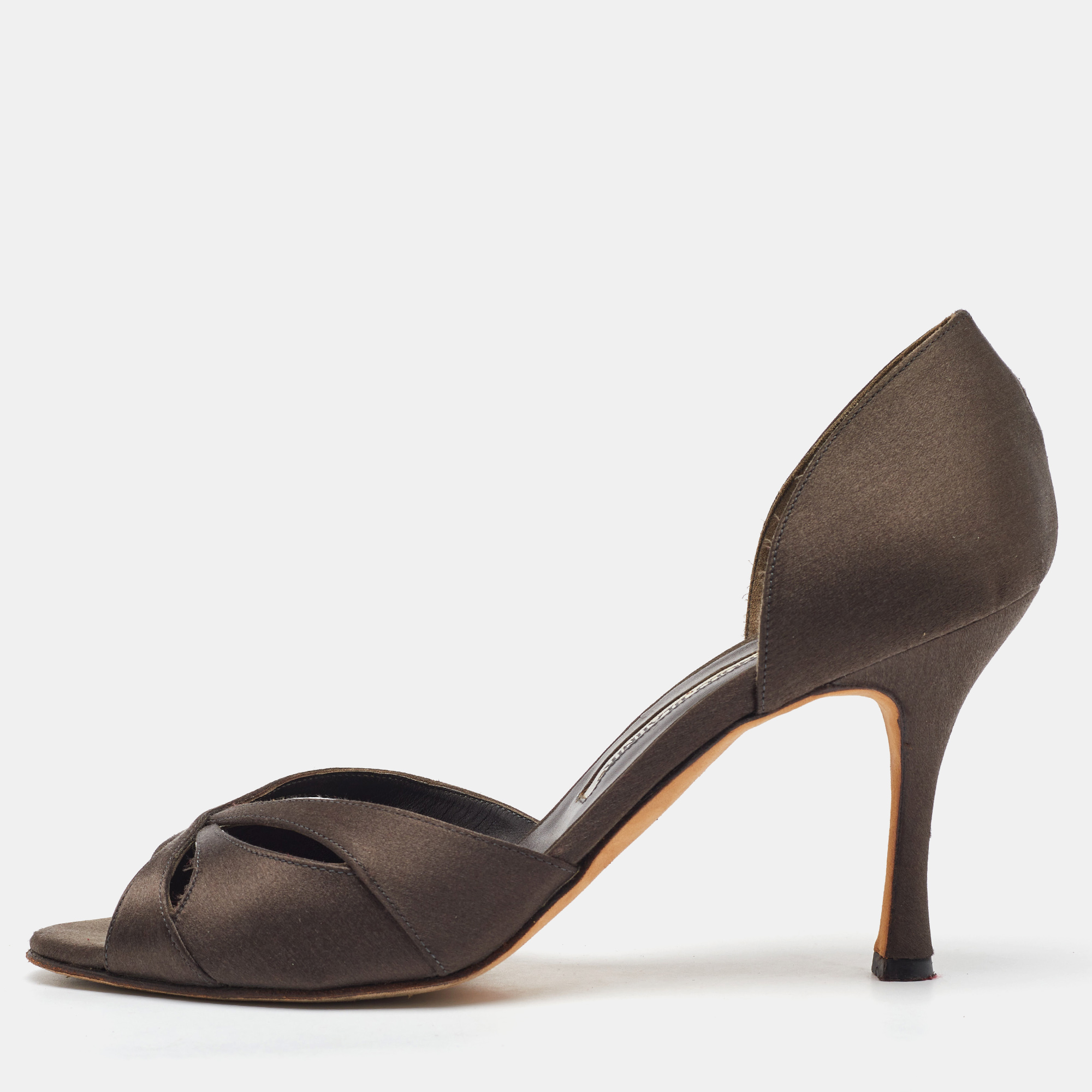 

Manolo Blahnik Dark Brown Satin Open Toe D'orsay Pumps Size