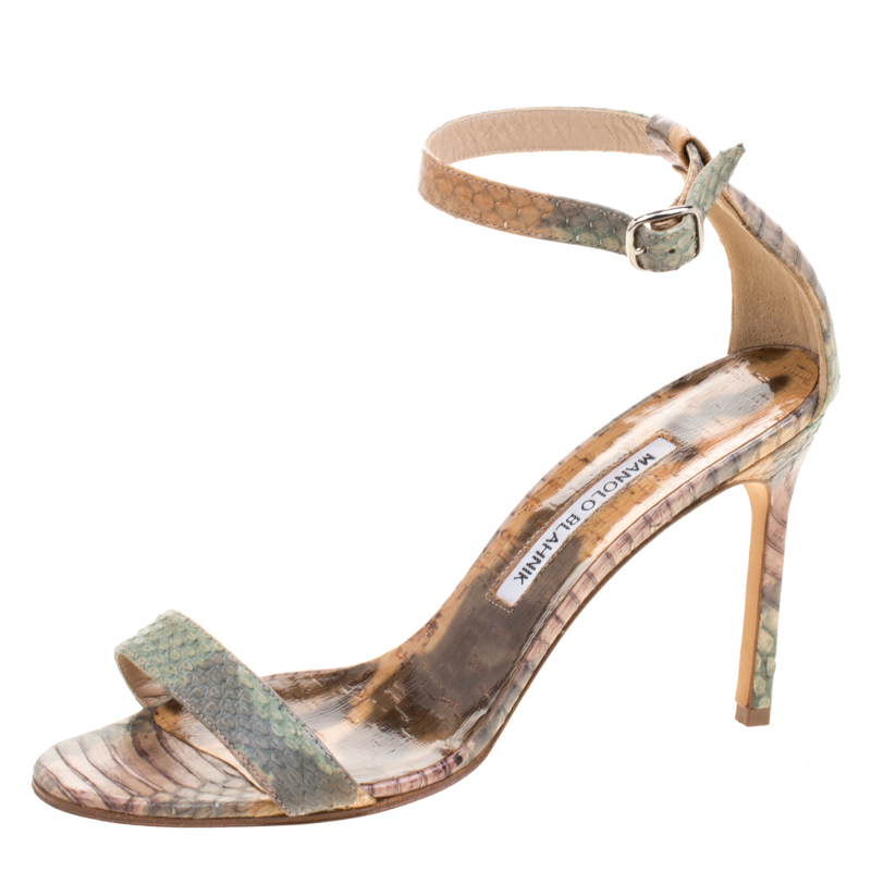 Pre Owned Manolo Blahnik Multicolor Python Leather Chaos Ankle Strap Sandals Size 37