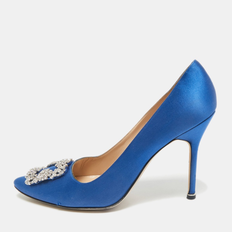 

Manolo Blahnik Blue Satin Hangisi Crystal Embellished Pointed Toe Pumps Size