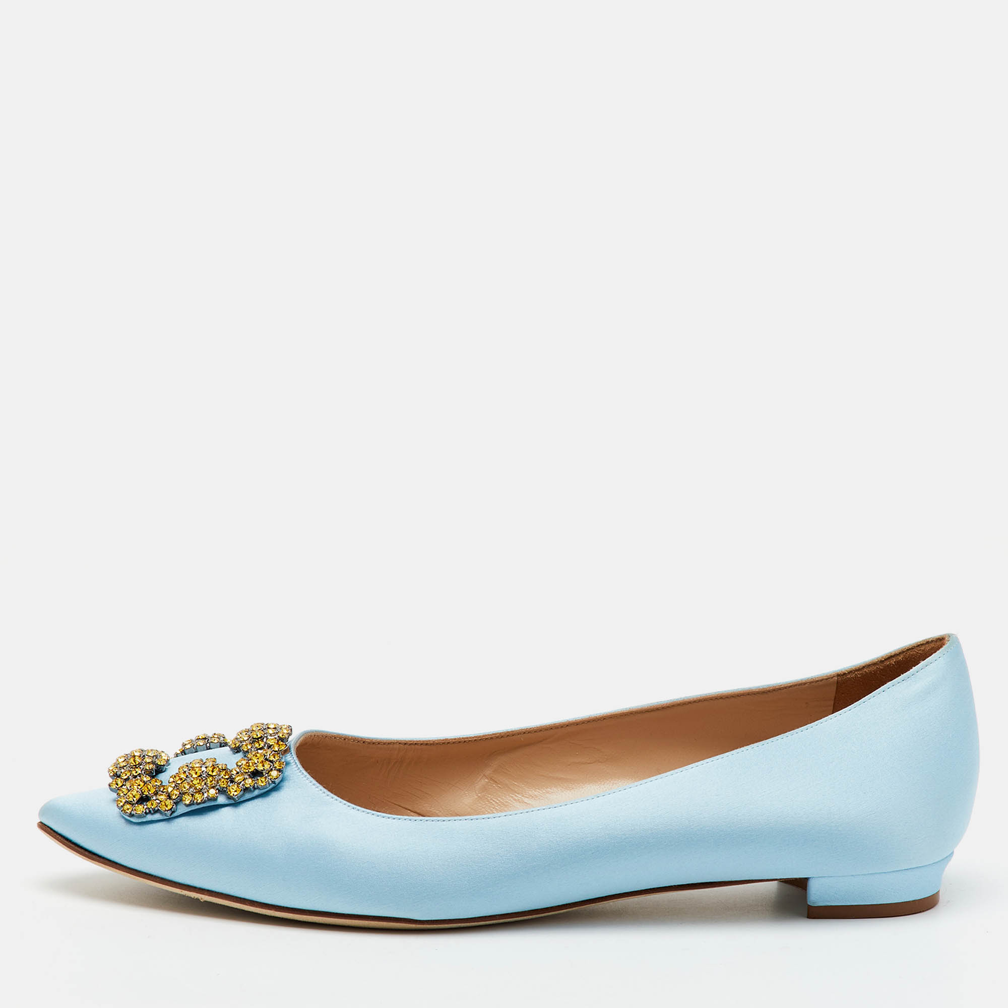 Pre-owned Manolo Blahnik Light Blue Satin Hangisi Ballet Flats Size 39