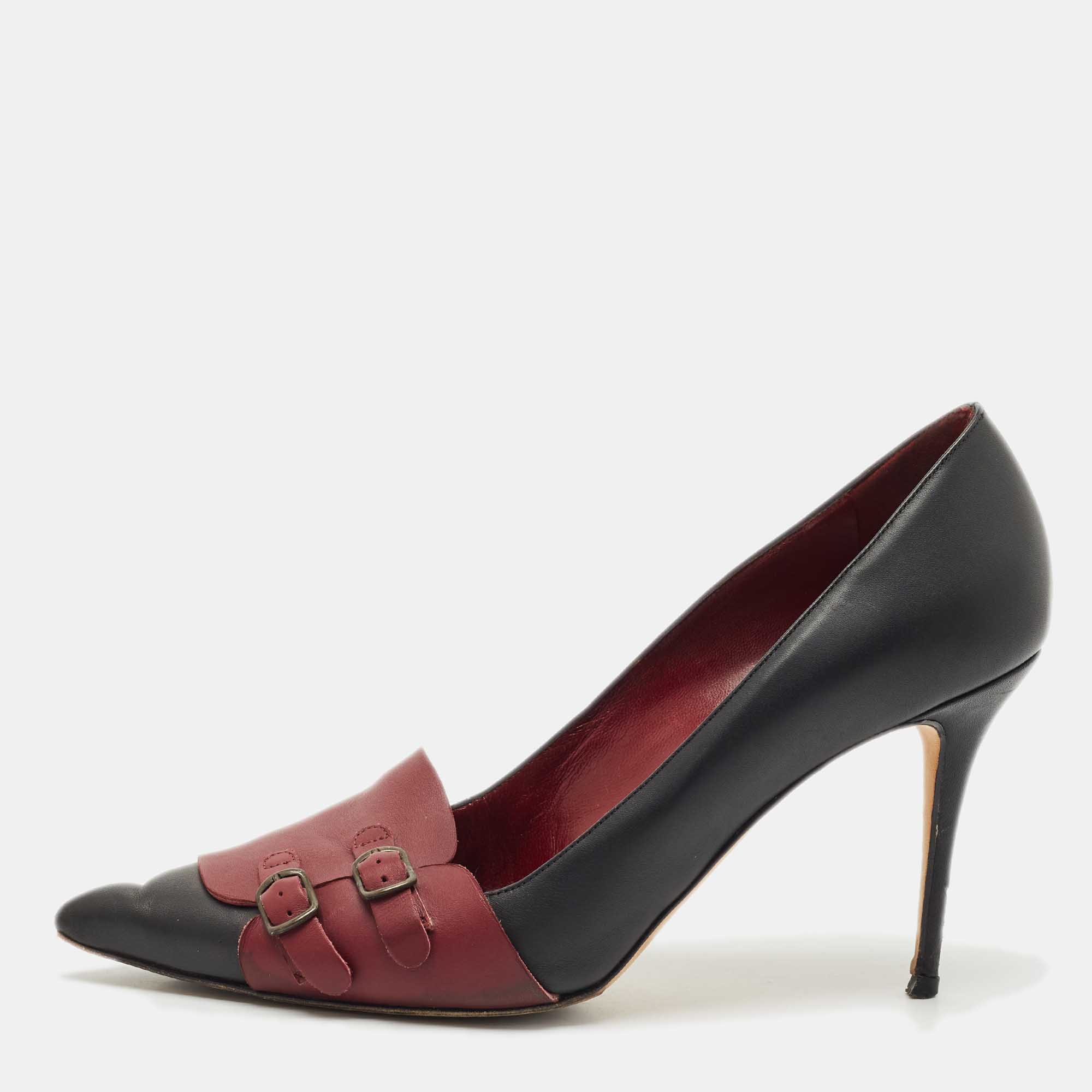 

Manolo Blahnik Black/Burgundy Leather Cajada Pointed Toe Pumps Size