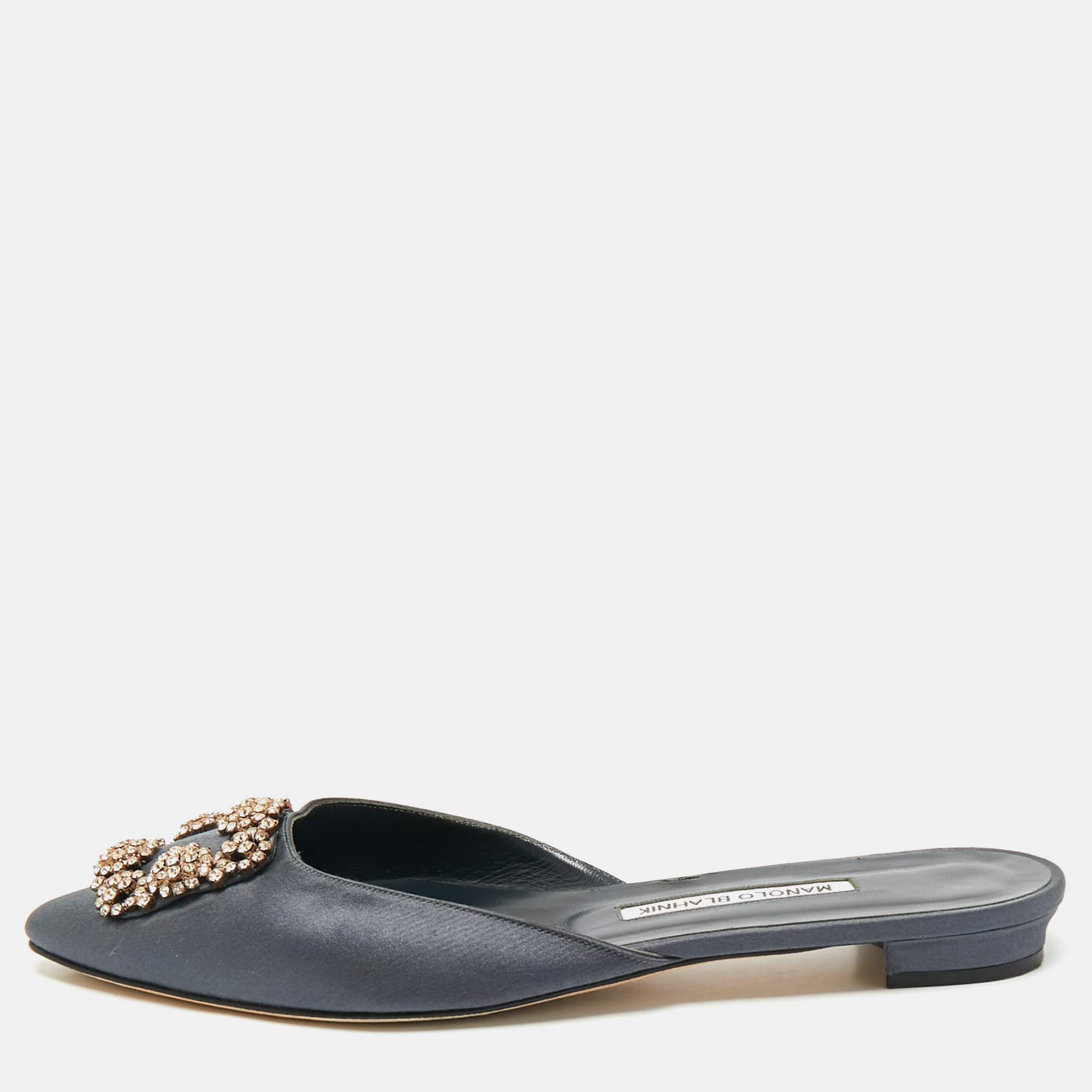 

Manolo Blahnik Grey Satin Hangisi Flat Mules Size