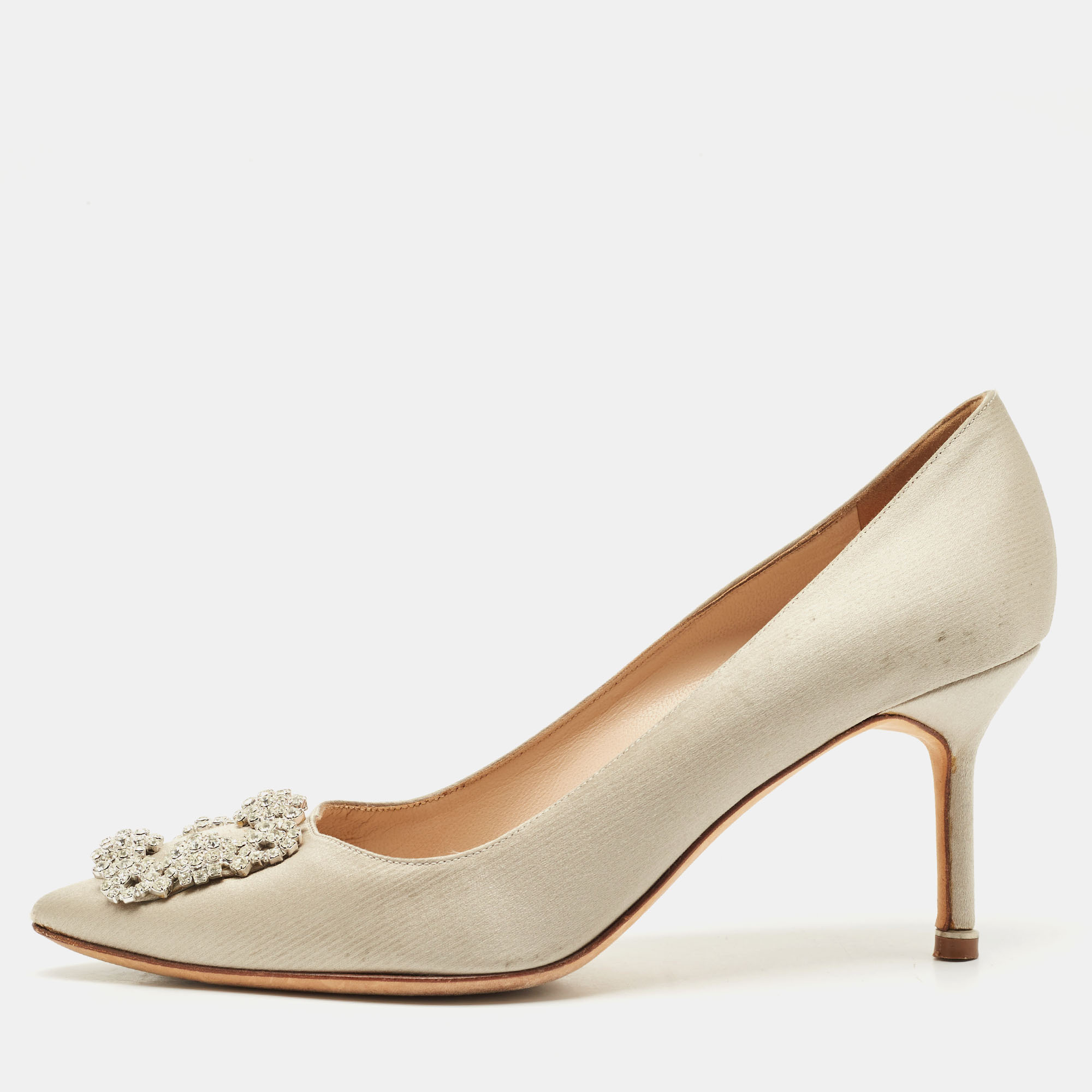 

Manolo Blahnik Light Grey Satin Hangisi Crystal Embellished Pumps Size