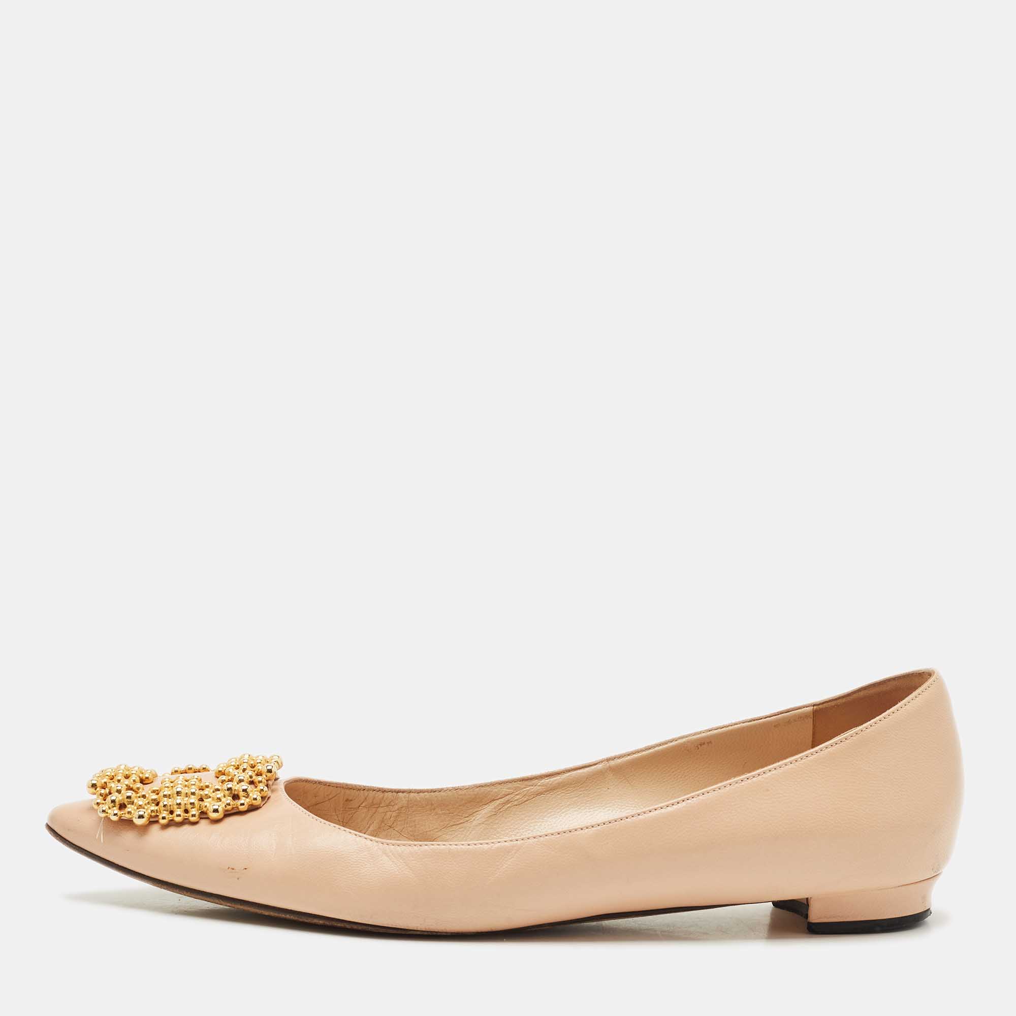 

Manolo Blahnik Peach Leather Hangisi Ballet Flats Size, Beige