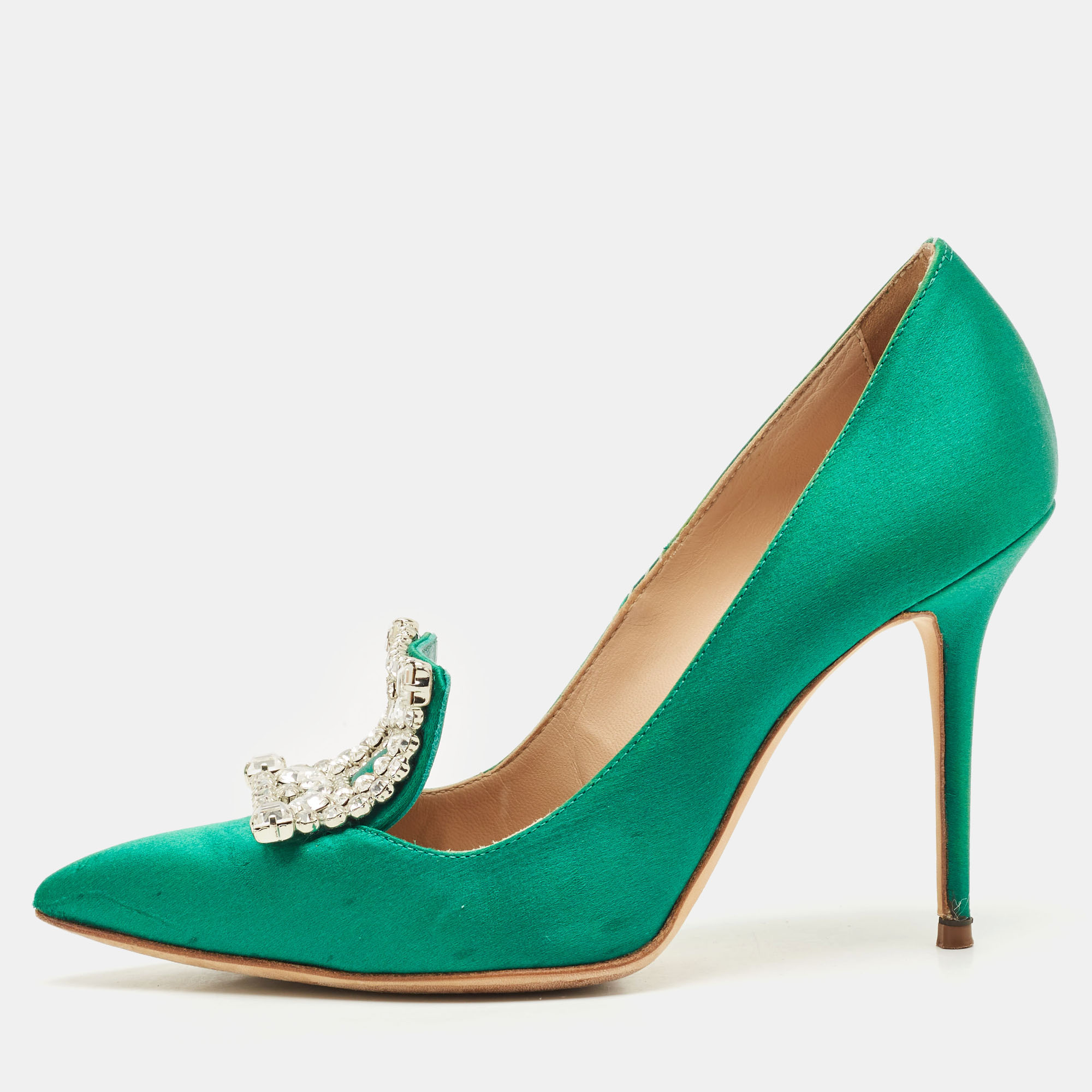

Manolo Blahnik Green Satin Borlak Crystal Embellished Pumps Size
