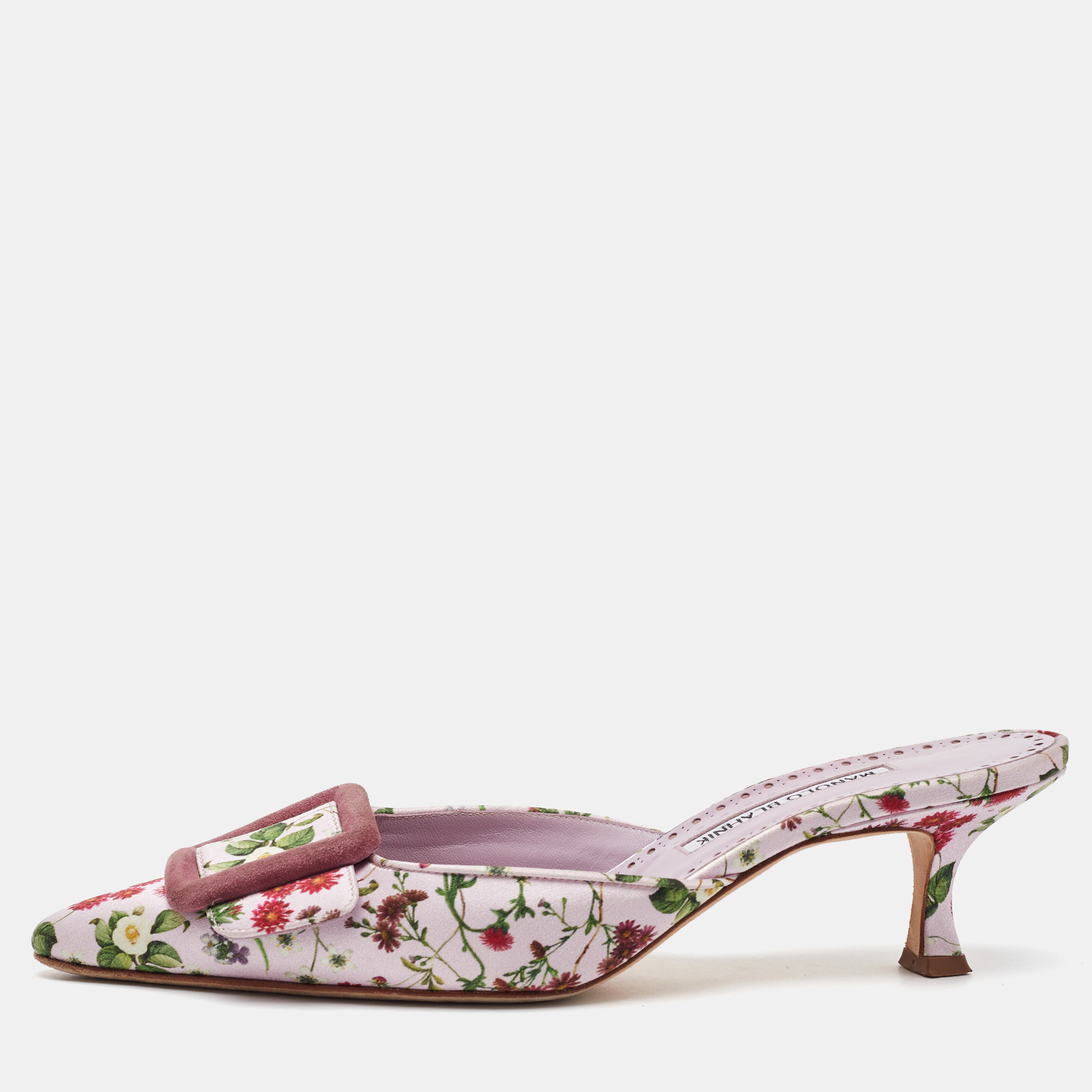 

Manolo Blahnik Light Purple Floral Print Satin Maysalebi Mules Size